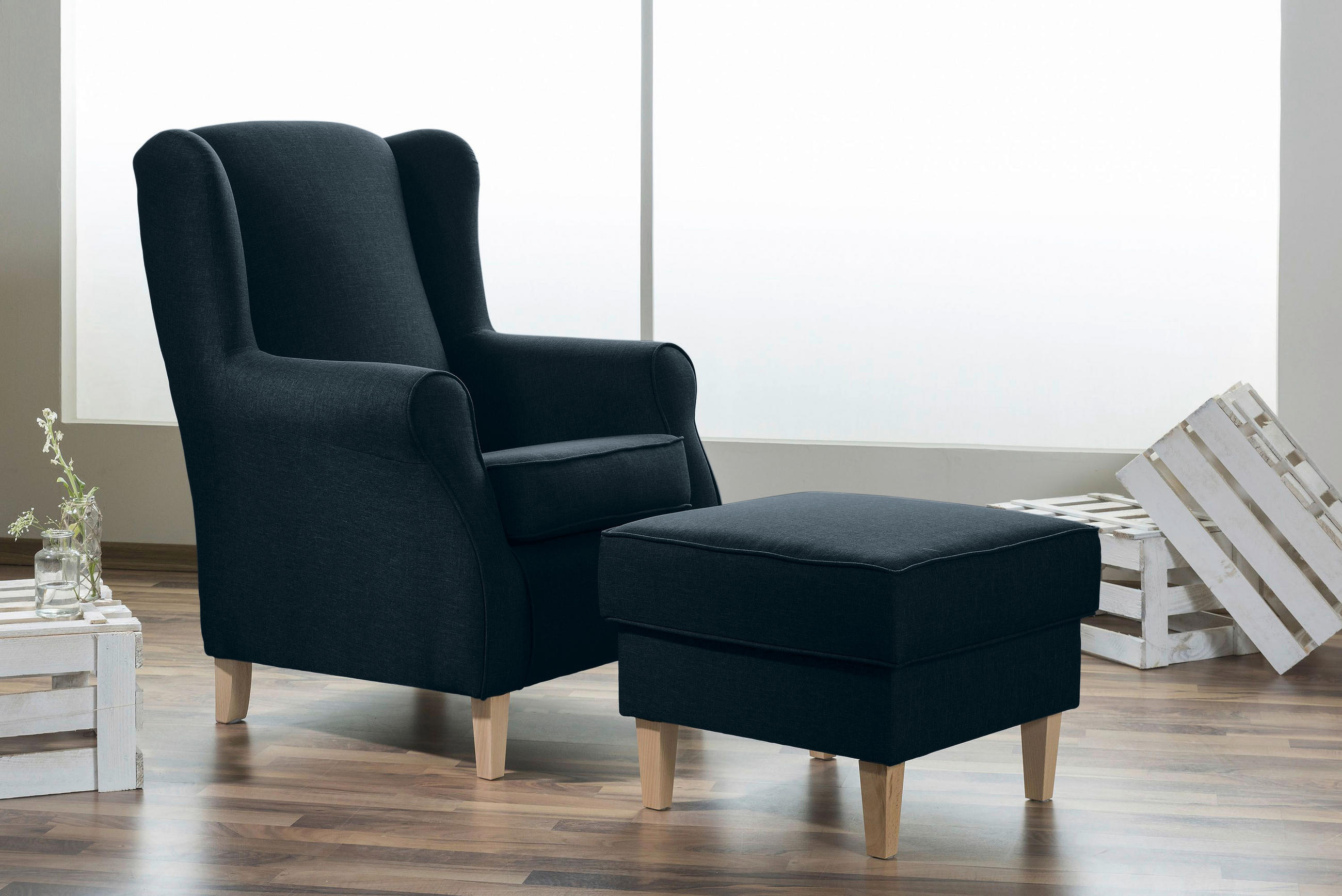 OHRENSESSEL Flachgewebe Dunkelblau  - Buchefarben/Dunkelblau, Design, Holz/Textil (77/103/86cm) - Max Winzer