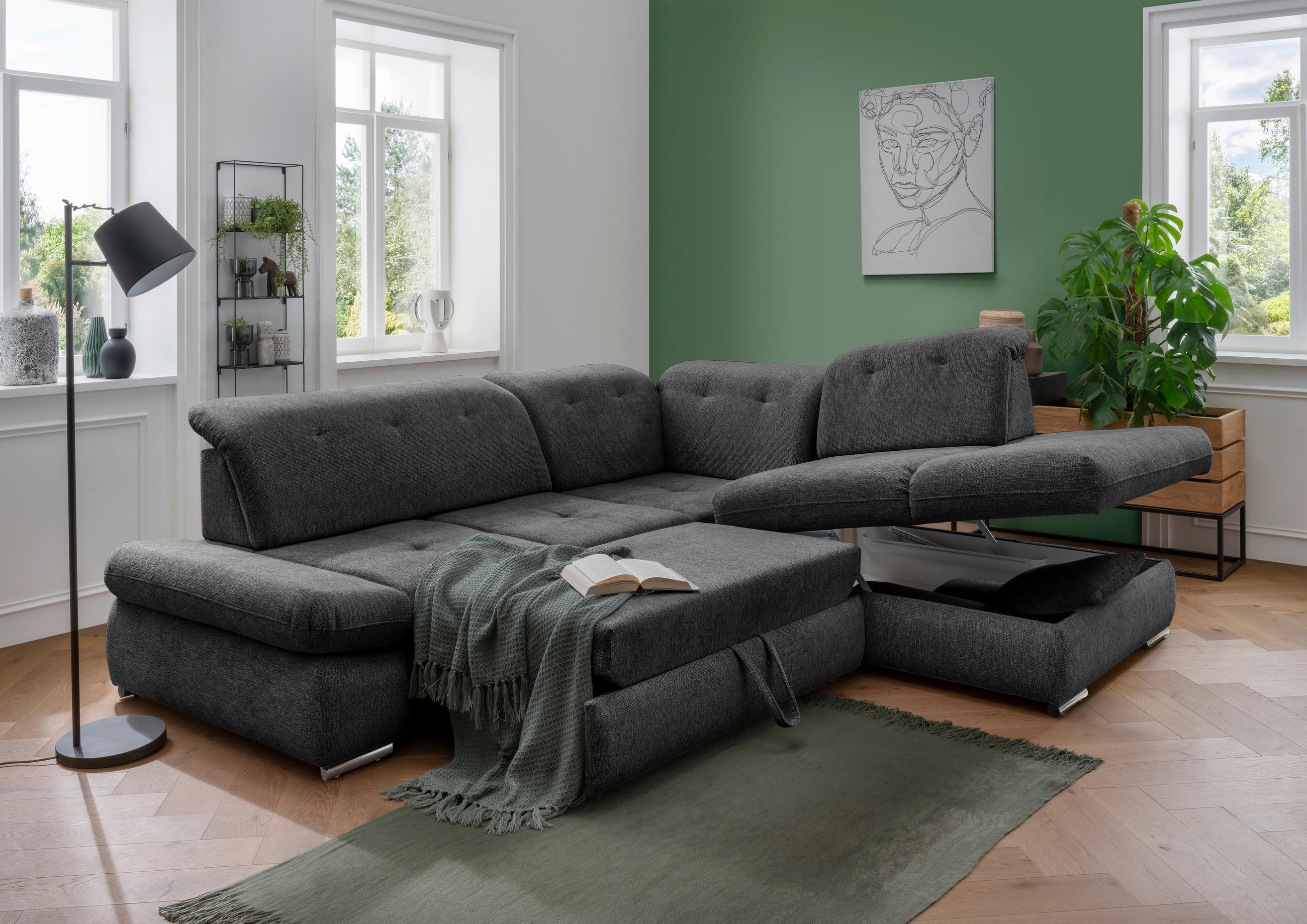 ECKSOFA Anthrazit Chenille  - Chromfarben/Anthrazit, Design, Textil/Metall (280/254cm) - Livetastic