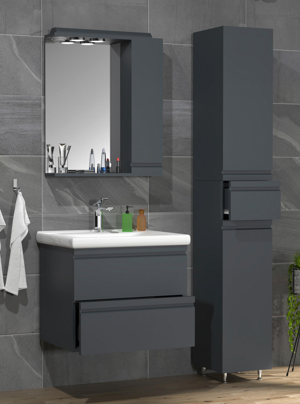 BADEZIMMER 4-teilig  in 90 cm  - Anthrazit/Weiß, MODERN, Glas/Keramik (90cm) - MID.YOU