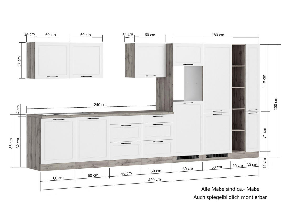 KÜCHENBLOCK 420 cm   in Weiss, Eiche Wotan  - Weiss/Eiche Wotan, Lifestyle, Holzwerkstoff/Metall (420cm) - Held