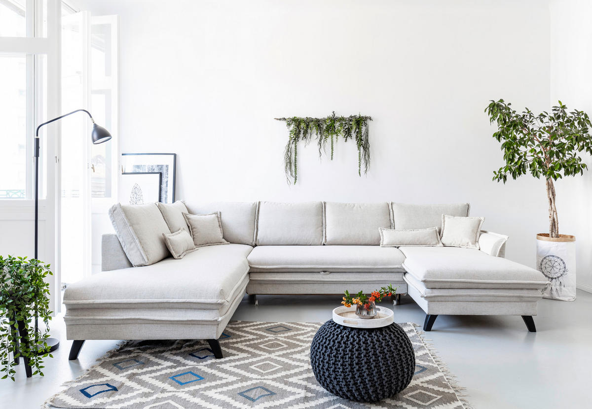 WOHNLANDSCHAFT Charming Charlie Beige Webstoff  - Beige/Schwarz, Basics, Holz/Holzwerkstoff (200/300/150cm) - MID.YOU