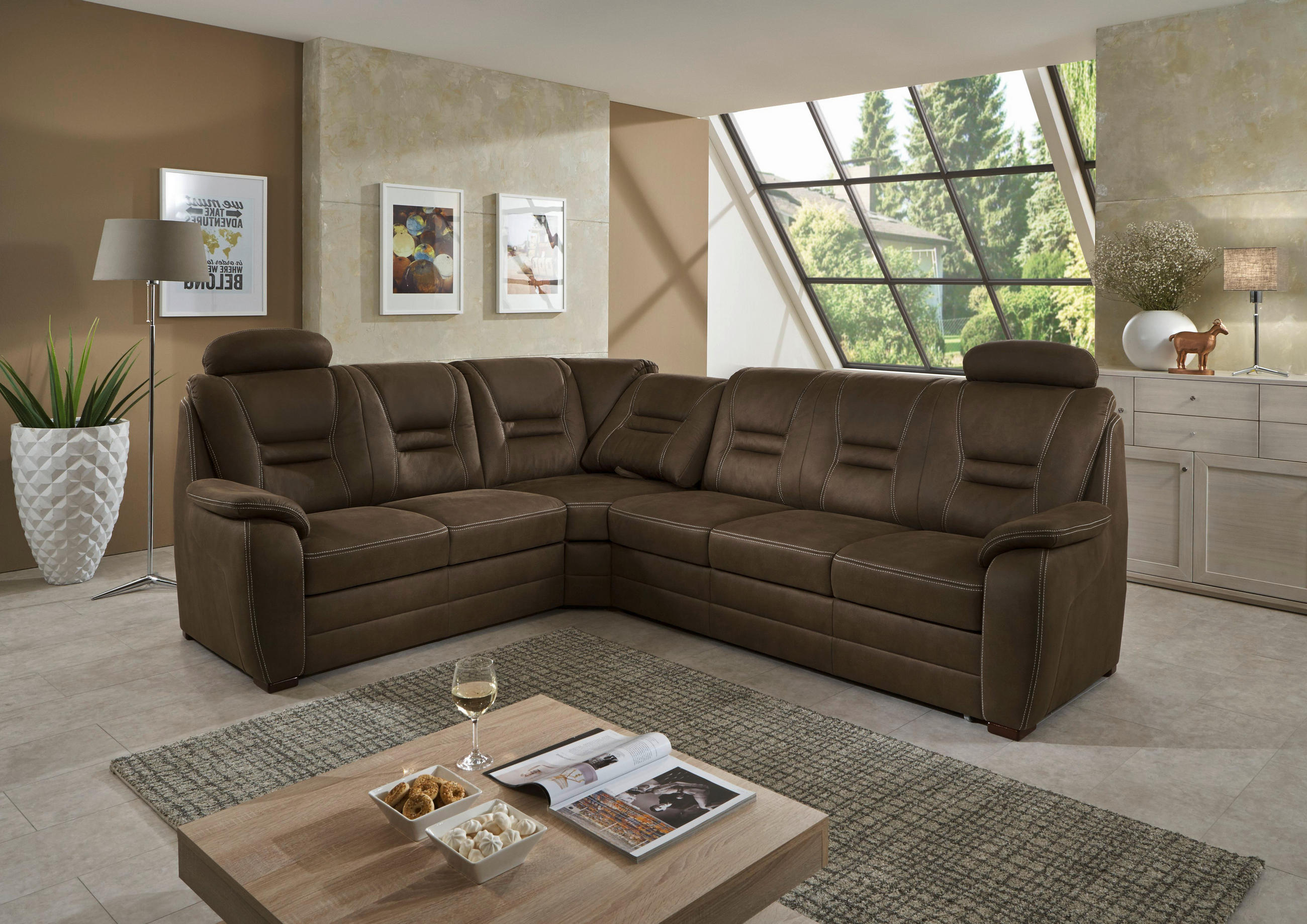 ECKSOFA in Lederlook Braun, Grau  234/286 cm  - Beige/Braun, KONVENTIONELL, Holz/Textil (234/286cm) - Beldomo Comfort