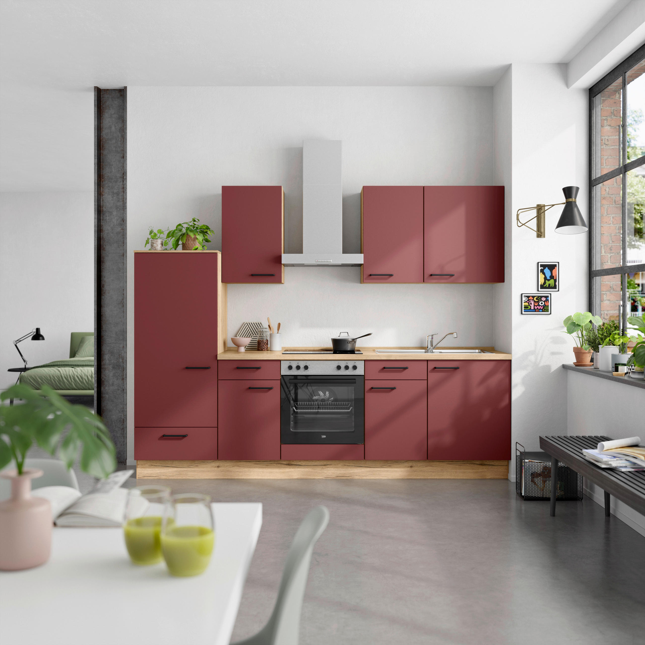 KÜCHENLEERBLOCK 270 cm   in Rot, Eichefarben  - Eichefarben/Rot, MODERN, Holzwerkstoff/Metall (270cm) - Nobilia