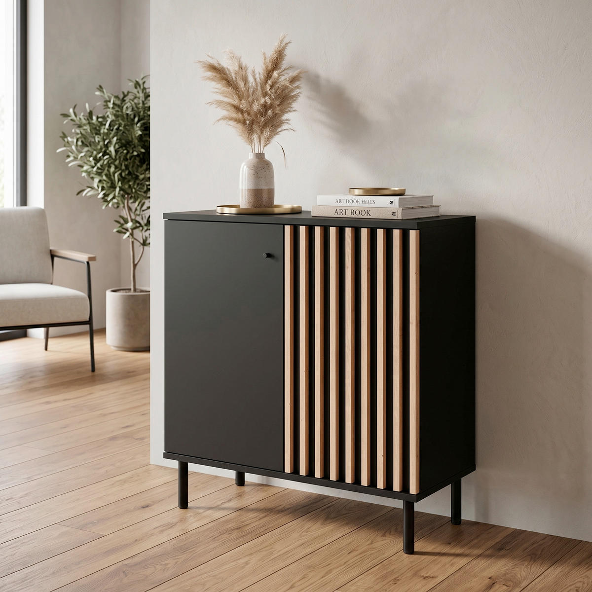 KOMMODE , 80/90/40 cm,  - Schwarz/Eiche Artisan, Design, Holzwerkstoff/Metall (80/90/40cm) - Livetastic