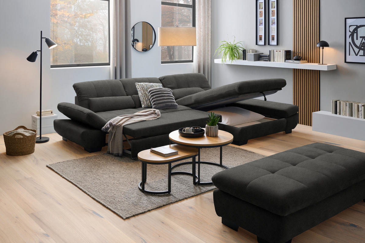 ECKSOFA  in Flachgewebe Dunkelgrau  341/204 cm  - Dunkelgrau/Schwarz, Design, Textil/Metall (341/204cm) - Xora