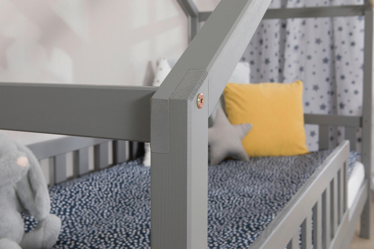 HAUSBETT 120/200 cm,  in Hellgrau, Absturzsicherung, Rollrost  - Hellgrau/Naturfarben, MODERN, Holz (120/200cm) - MID.YOU