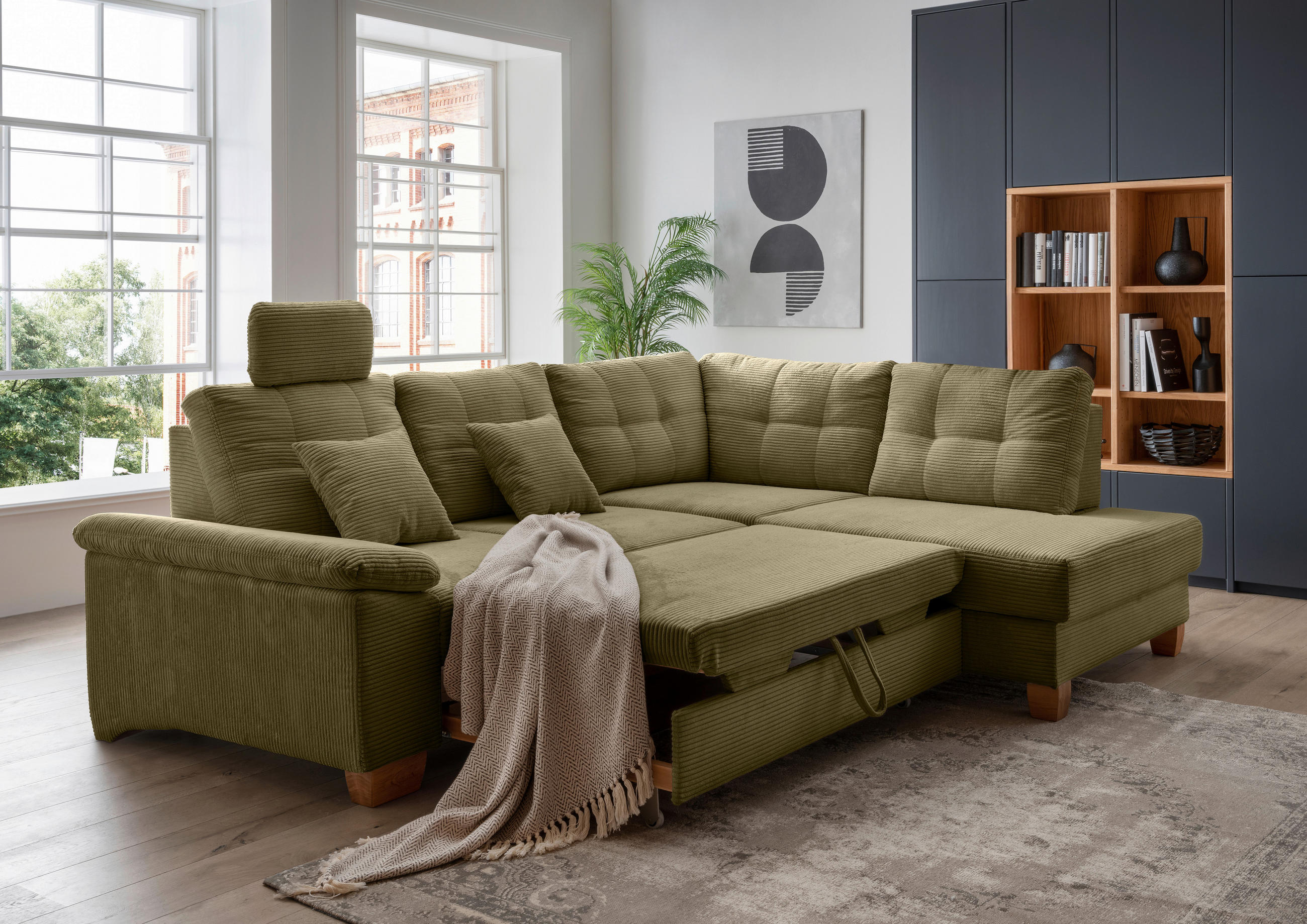 ECKSOFA in Cord Olivgrün  - Naturfarben/Olivgrün, Modern, Holz/Textil (274/206cm) - Livetastic