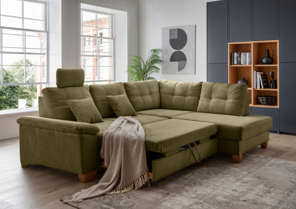 ECKSOFA in Cord Olivgrün  - Naturfarben/Olivgrün, Modern, Holz/Textil (274/206cm) - Livetastic