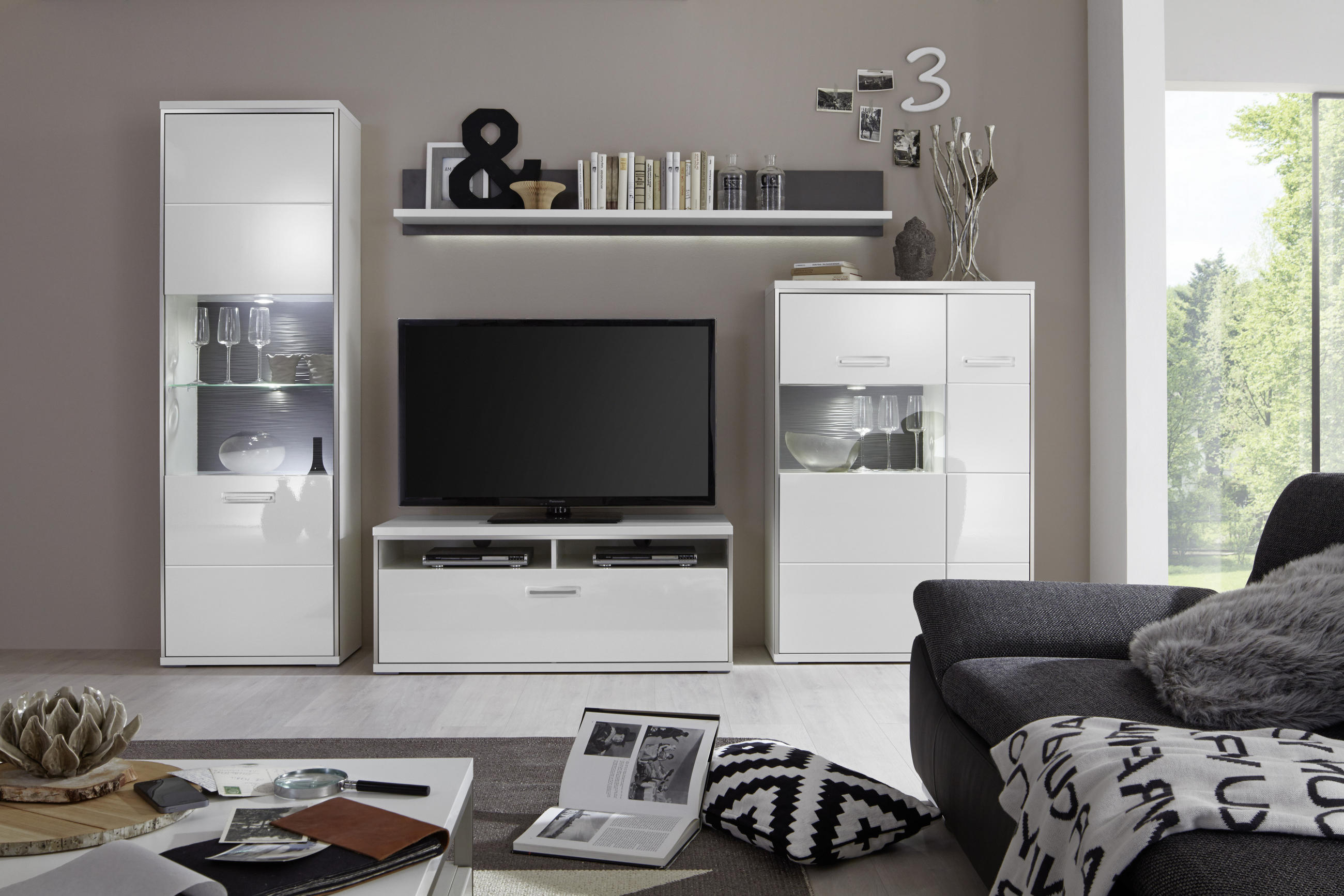 SET MOBILA LIVING in gri, argintiu, alb  - argintiu/alb, Design, sticlă/metal (301/201/52cm) - Hom`in