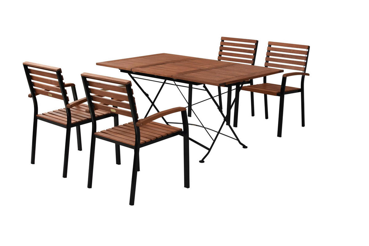 GARTENTISCHGRUPPE EukalyptusholzHartholz Stahl  - Schwarz/Naturfarben, KONVENTIONELL, Holz/Metall - Gardenson