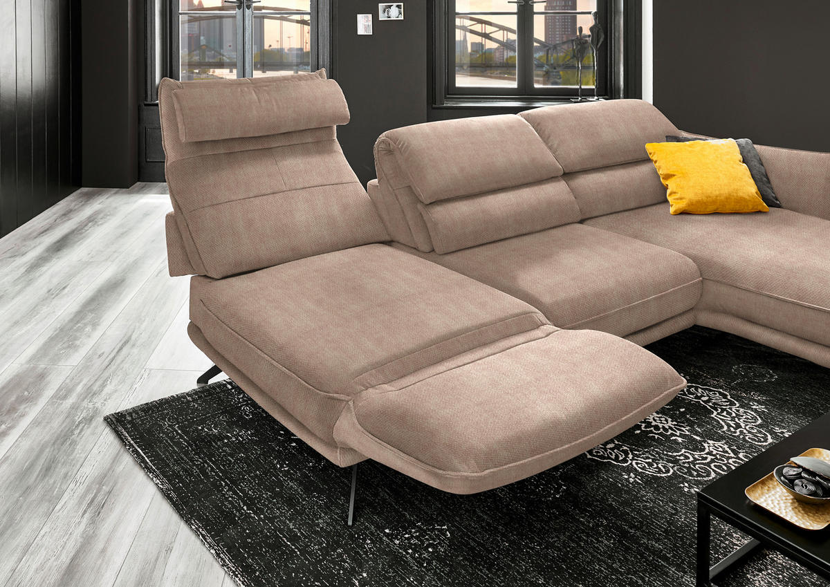 ECKSOFA Valdera in Velours Hellbraun  283/153 cm  - Hellbraun/Schwarz, Design, Textil/Metall (283/153cm) - Valdera