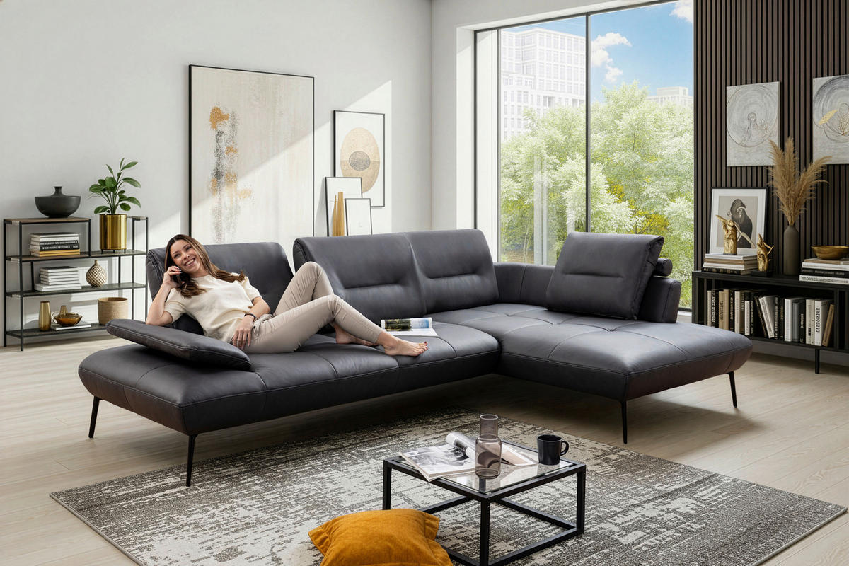 ECKSOFA Anthrazit Echtleder Rücken echt, Sitztiefenverstellung  - Anthrazit/Schwarz, Design, Leder/Metall (320/190cm) - Moderano