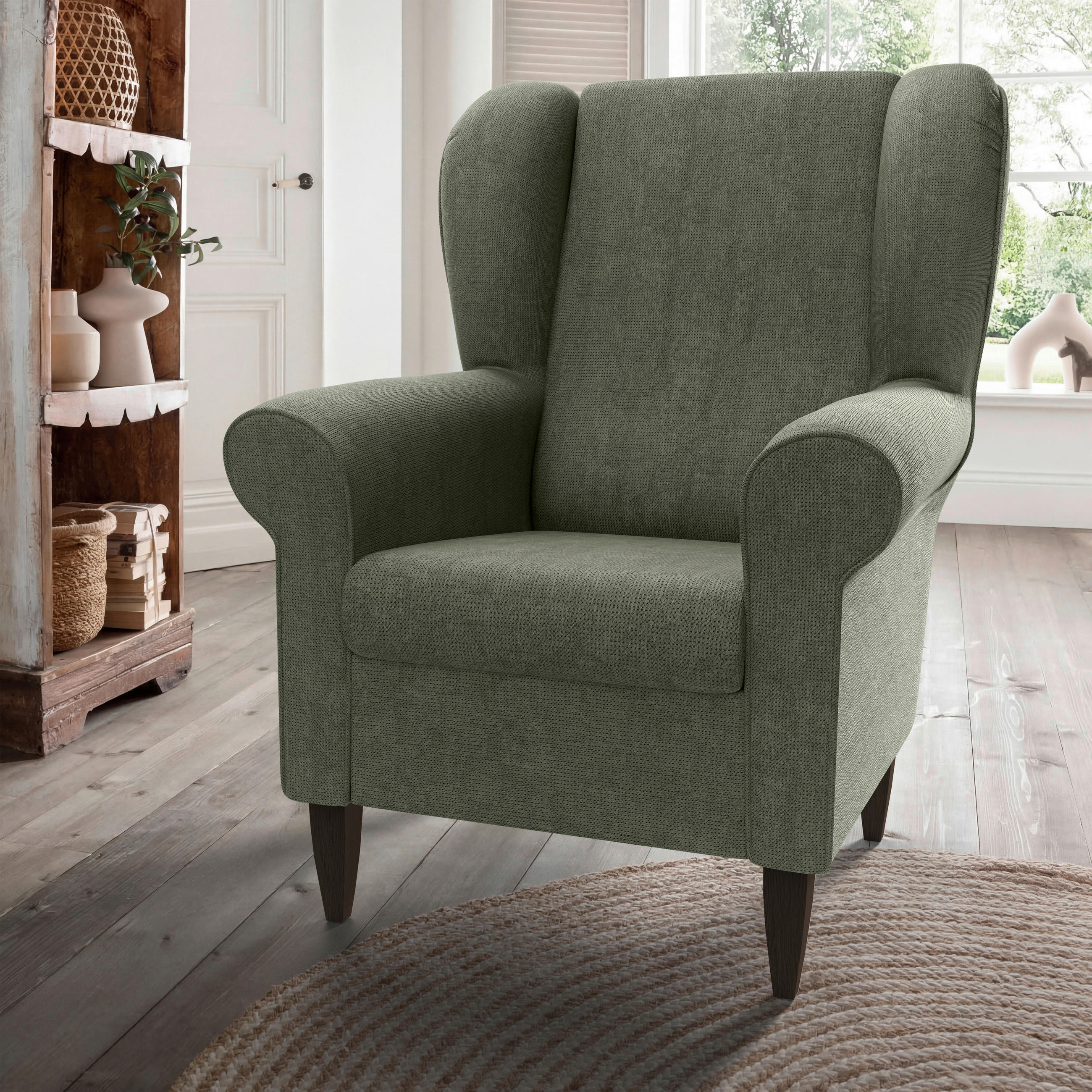 OHRENSESSEL Chenille Dunkelgrün  - Wengefarben/Dunkelgrün, Konventionell, Holz/Textil (80/102/86cm) - Livetastic