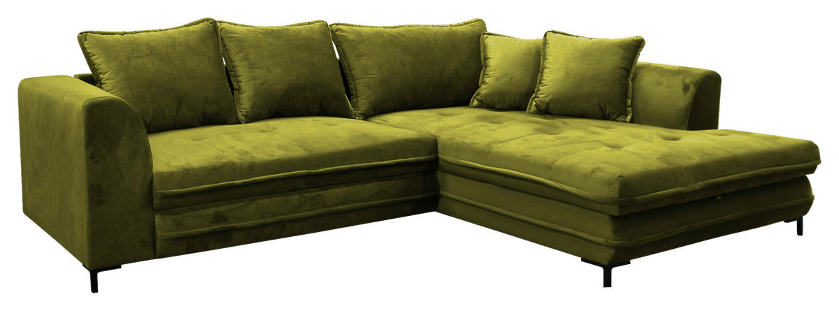 ECKSCHLAFSOFA  mit Rücken echt, Armteil rechts Velours Hellgrün  - Schwarz/Hellgrün, Design, Textil/Metall (277/187cm) - Livetastic