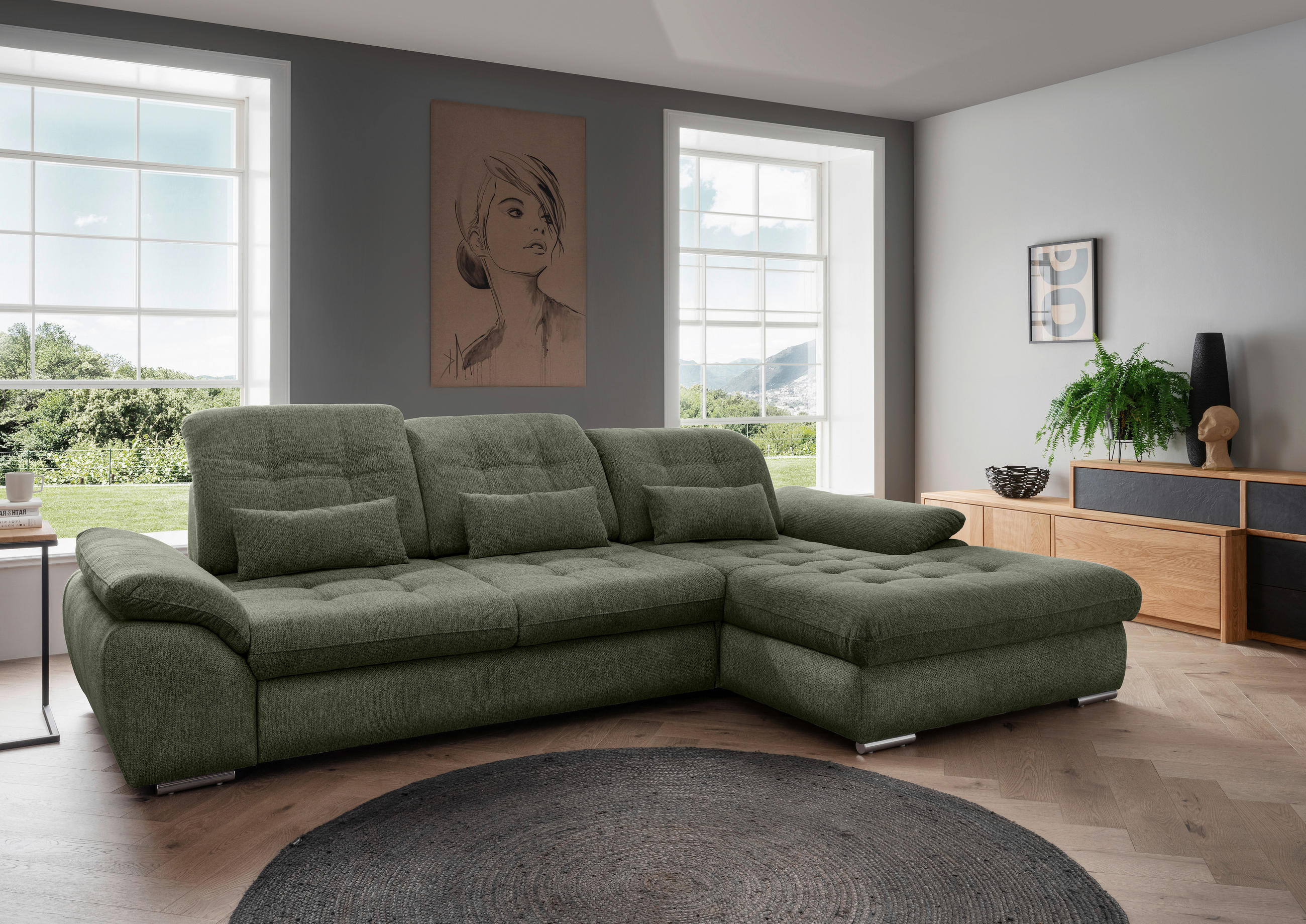 ECKSOFA Chenille Grün  - Chromfarben/Grün, Modern, Textil/Metall (314/184cm) - Livetastic