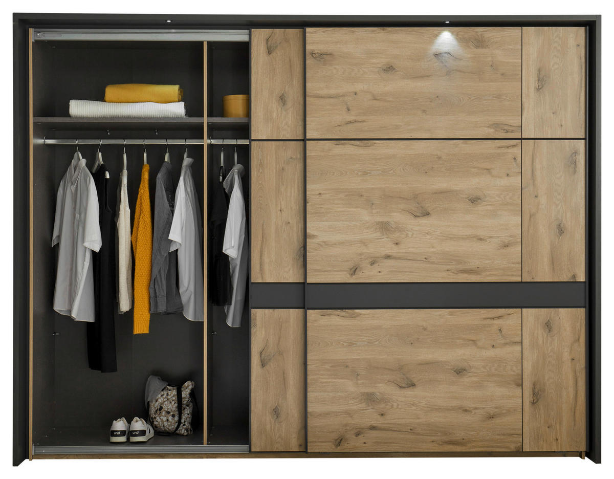SCHWEBETÜRENSCHRANK in Graphitfarben, Eichefarben  - Eichefarben/Graphitfarben, Konventionell, Holzwerkstoff/Metall (270/210/60cm) - Ti'me