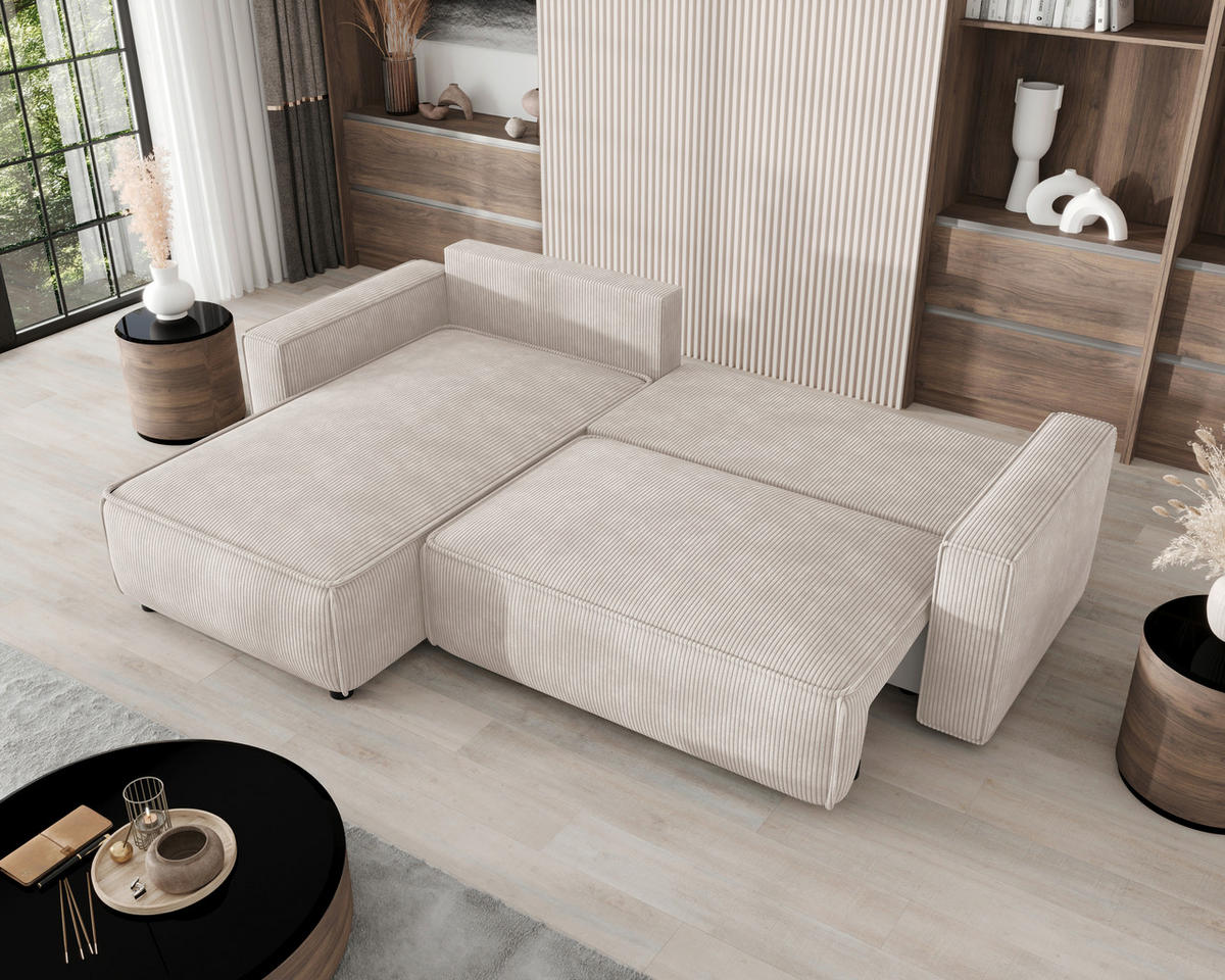 ECKSOFA Naturfarben Cord Zierkissen, Rückenkissen, Bettkasten, Schlaffunktion, Rücken echt, Liegefläche im Originalstoff  - Schwarz/Naturfarben, MODERN, Kunststoff/Textil (190/280cm) - Carryhome