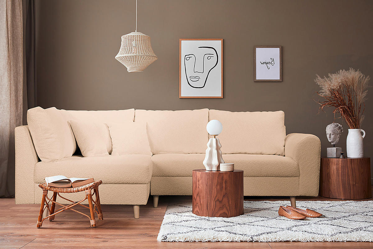 ECKSOFA inkl. Hocker Ariella Beige Bouclé  - Beige/Naturfarben, Design, Holz/Textil (161/231cm) - Livetastic