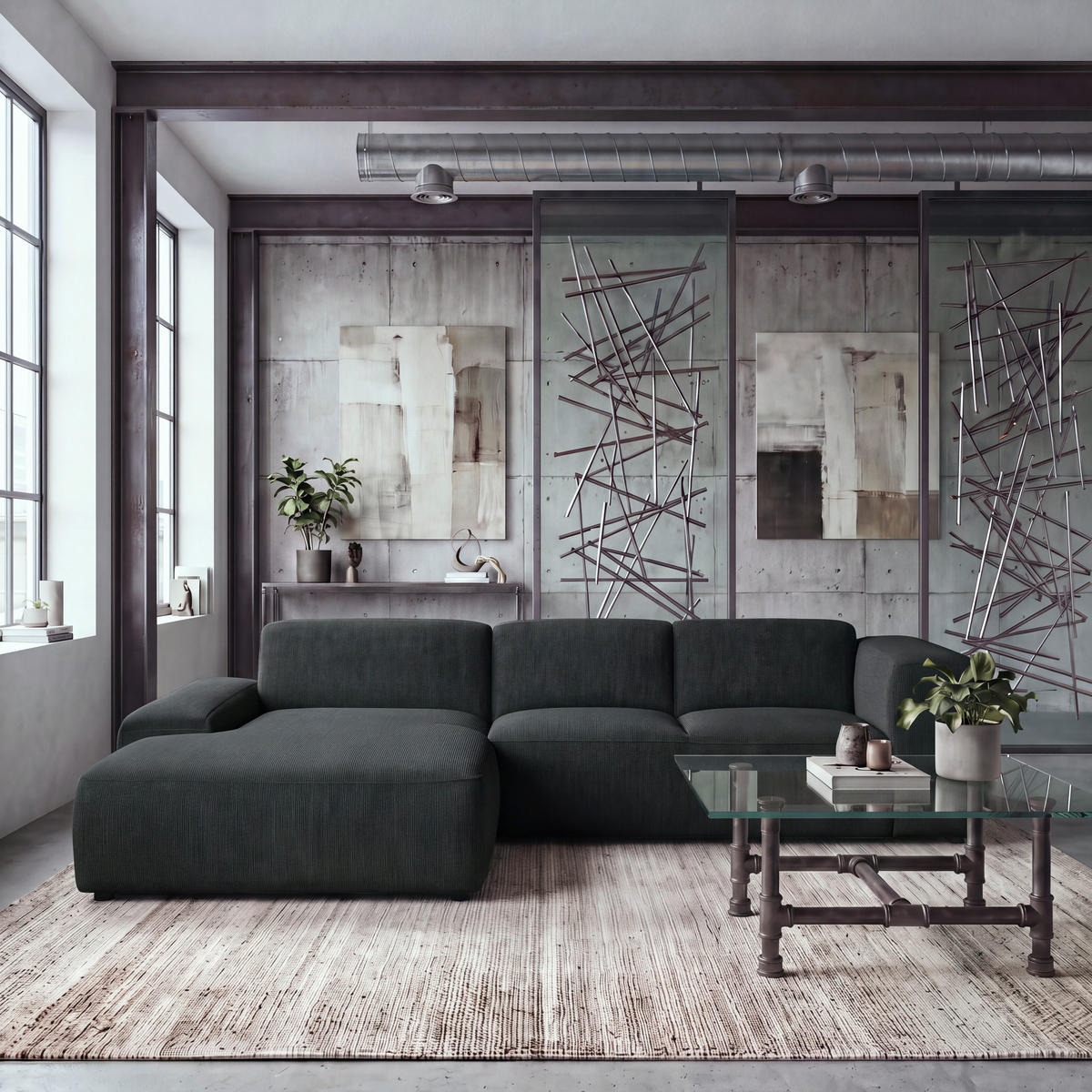 ECKSOFA HANNAH Schwarz Cord  - Schwarz, Design, Kunststoff/Textil (200/304cm) - MID.YOU