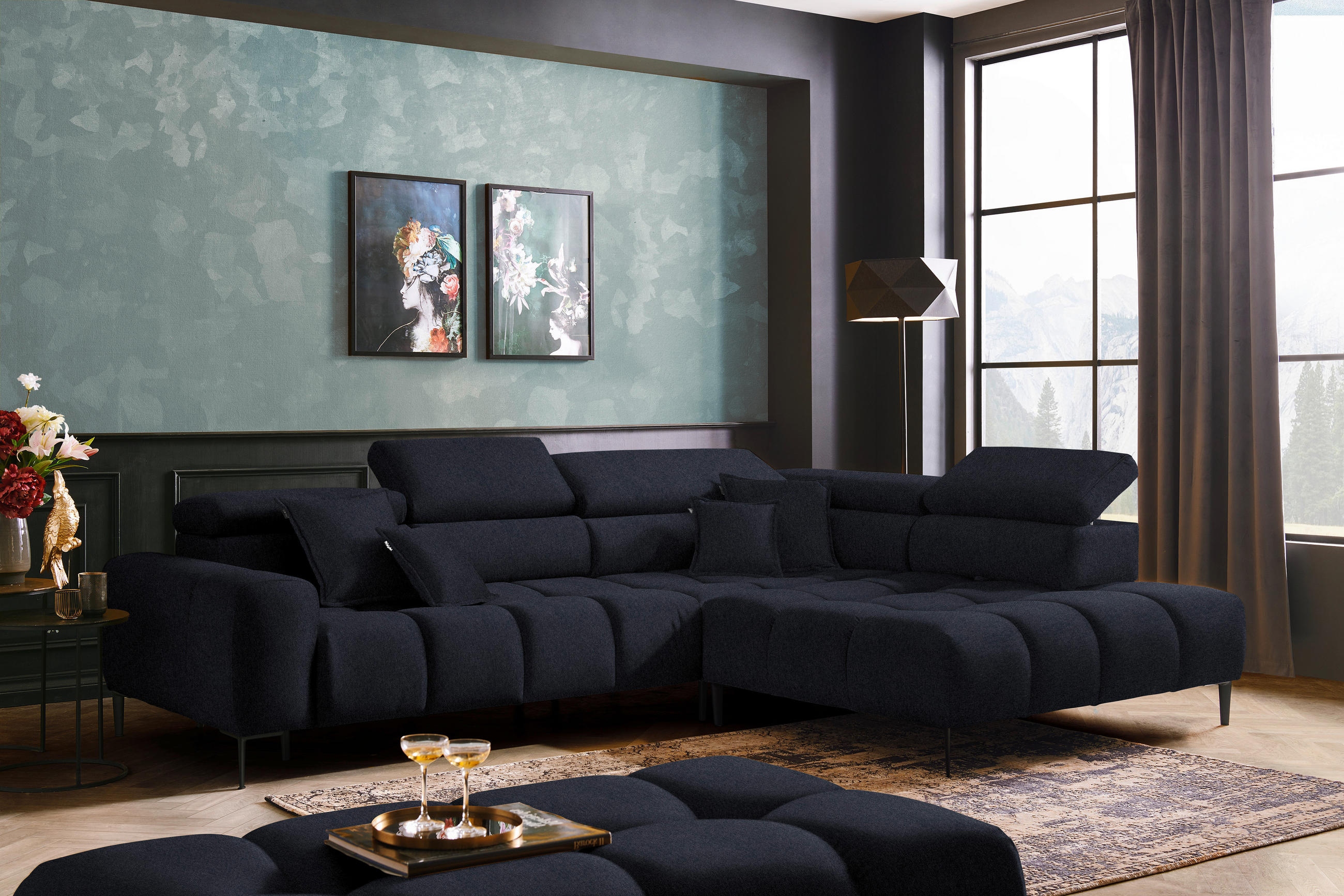 ECKSOFA in Webstoff Schwarz  - Schwarz, Design, Textil/Metall (300/216cm) - Welnova