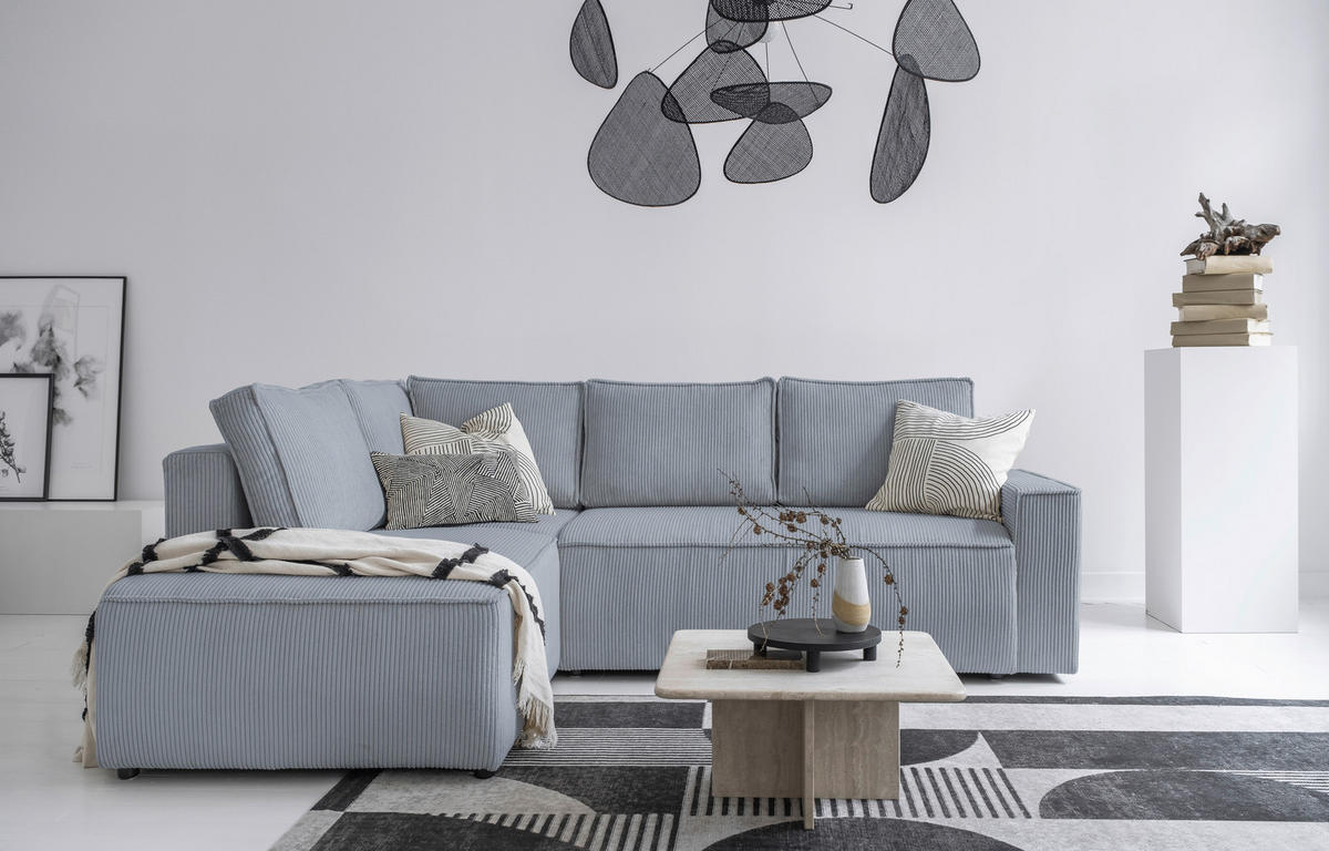 ECKSOFA in Cord Hellgrau  - Hellgrau/Schwarz, Design, Kunststoff/Textil (194/247cm) - MID.YOU