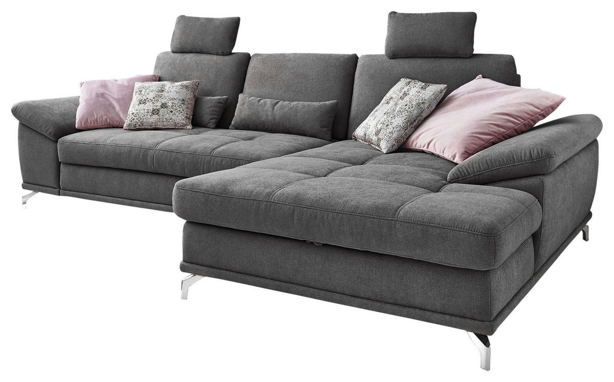 ECKSOFA Grau Flachgewebe Bettkasten, Schlaffunktion, Sitztiefenverstellung, Kopfstütze, Liegefläche im Originalstoff  - Silberfarben/Grau, KONVENTIONELL, Textil/Metall (301/176cm) - Sit & More