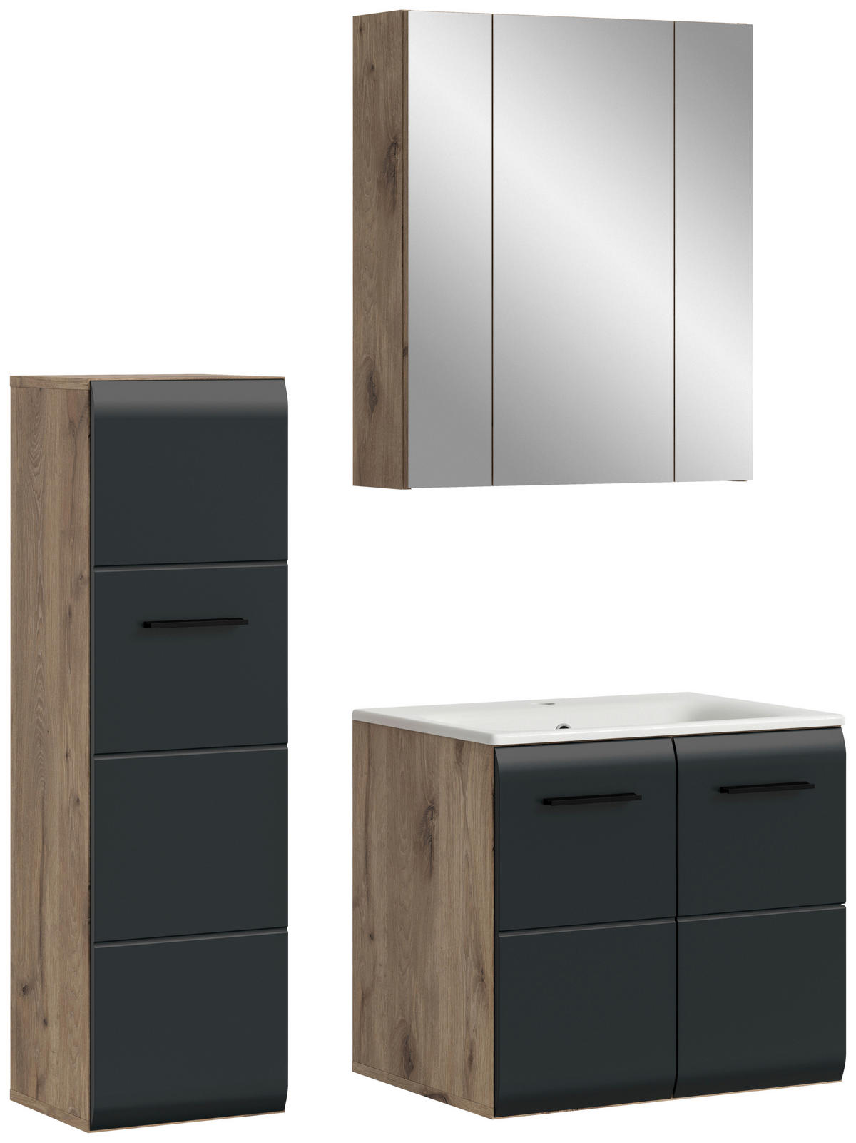 BADEZIMMER 3-teilig  in 90 cm  - Eiche dunkel/Schwarz, Basics, Keramik/Holzwerkstoff (90cm) - MID.YOU