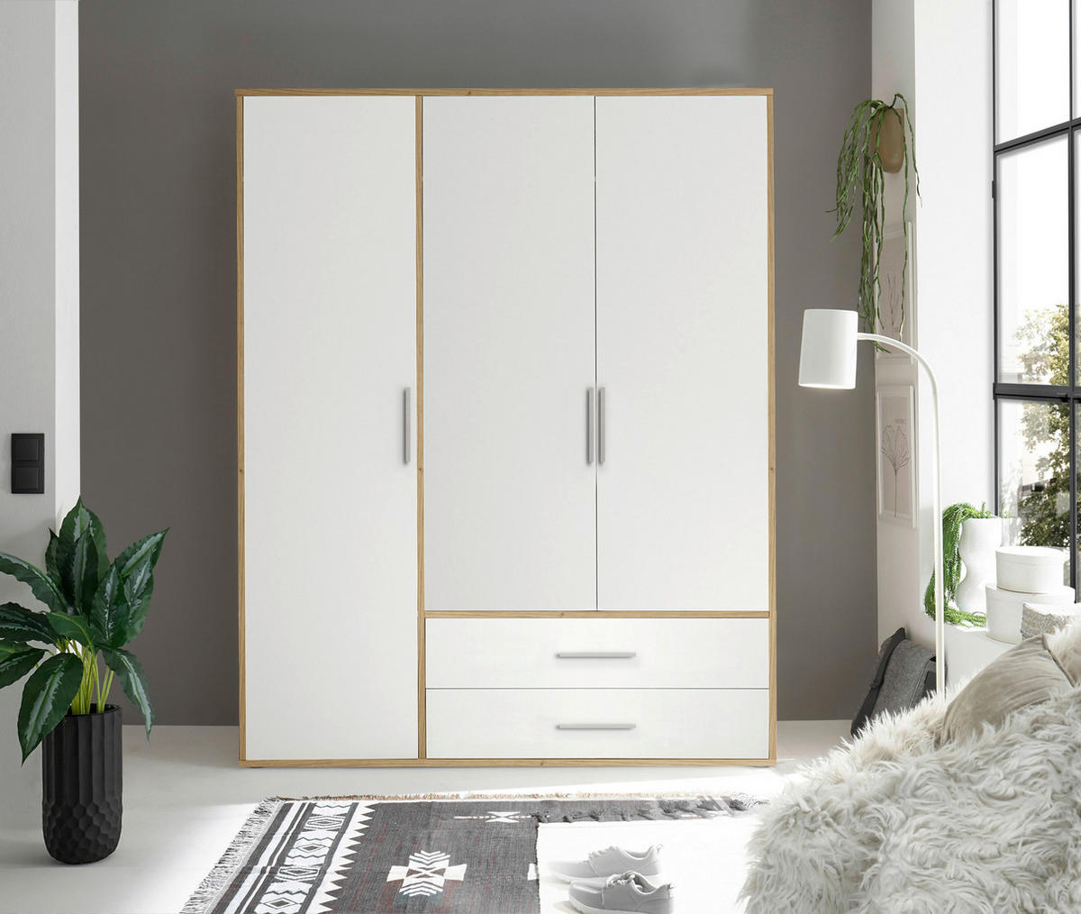 KLEIDERSCHRANK 155/195/60 cm 3-türig Weiß, Eiche Artisan  - Alufarben/Weiß, Basics, Holzwerkstoff/Kunststoff (155/195/60cm)