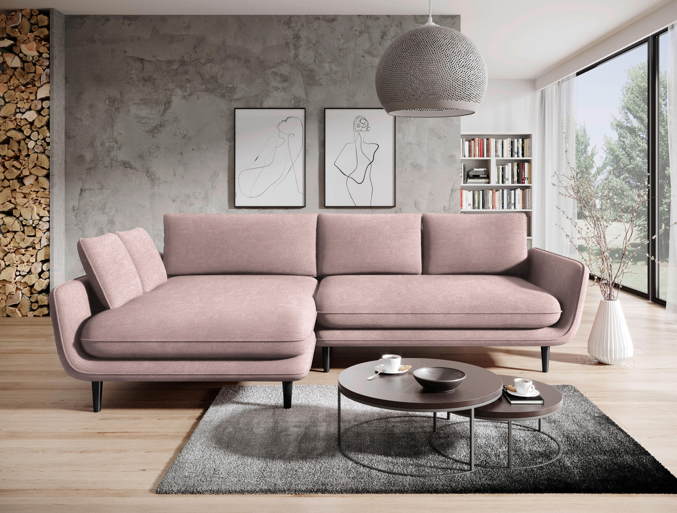 ECKSOFA in Velours Altrosa  - Schwarz/Altrosa, Design, Holz/Textil (167/260cm) - Welnova