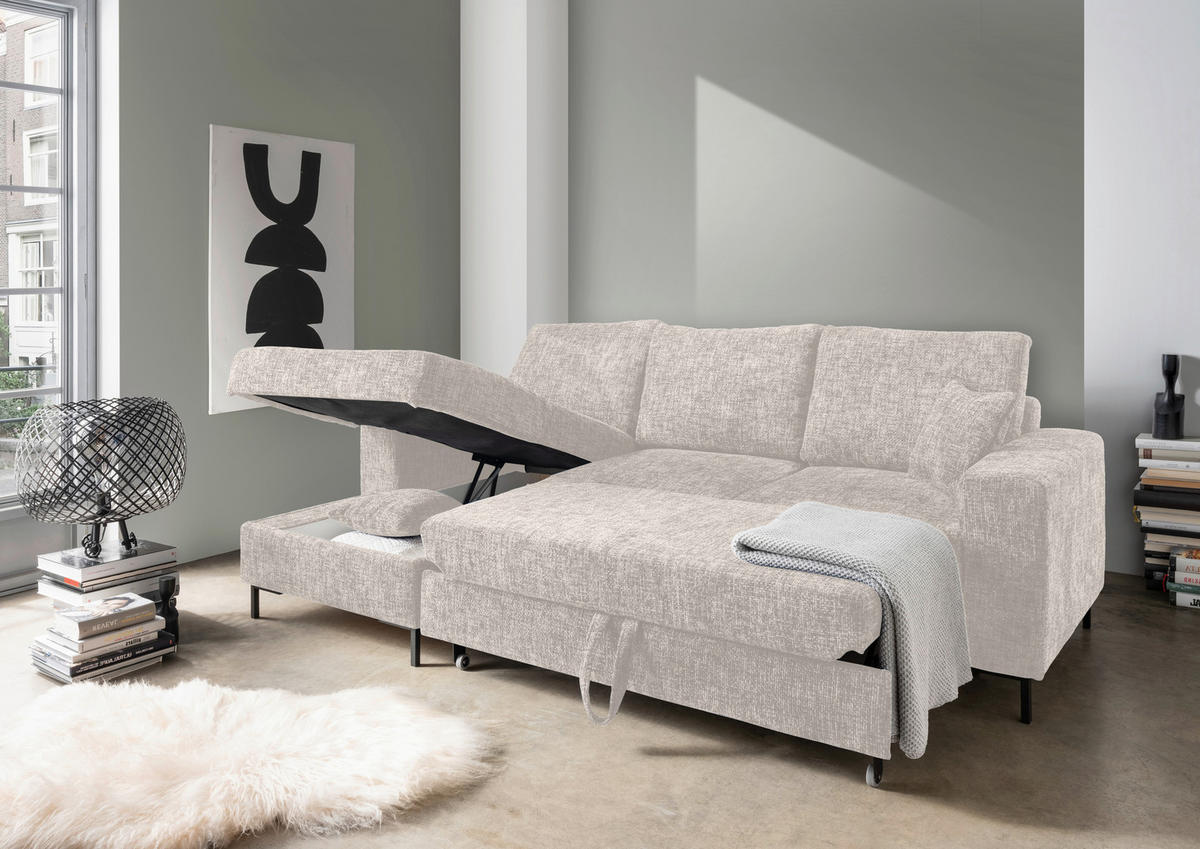 ECKSCHLAFSOFA in Struktur Creme  - Creme/Schwarz, KONVENTIONELL, Textil/Metall (143/237cm) - Livetastic