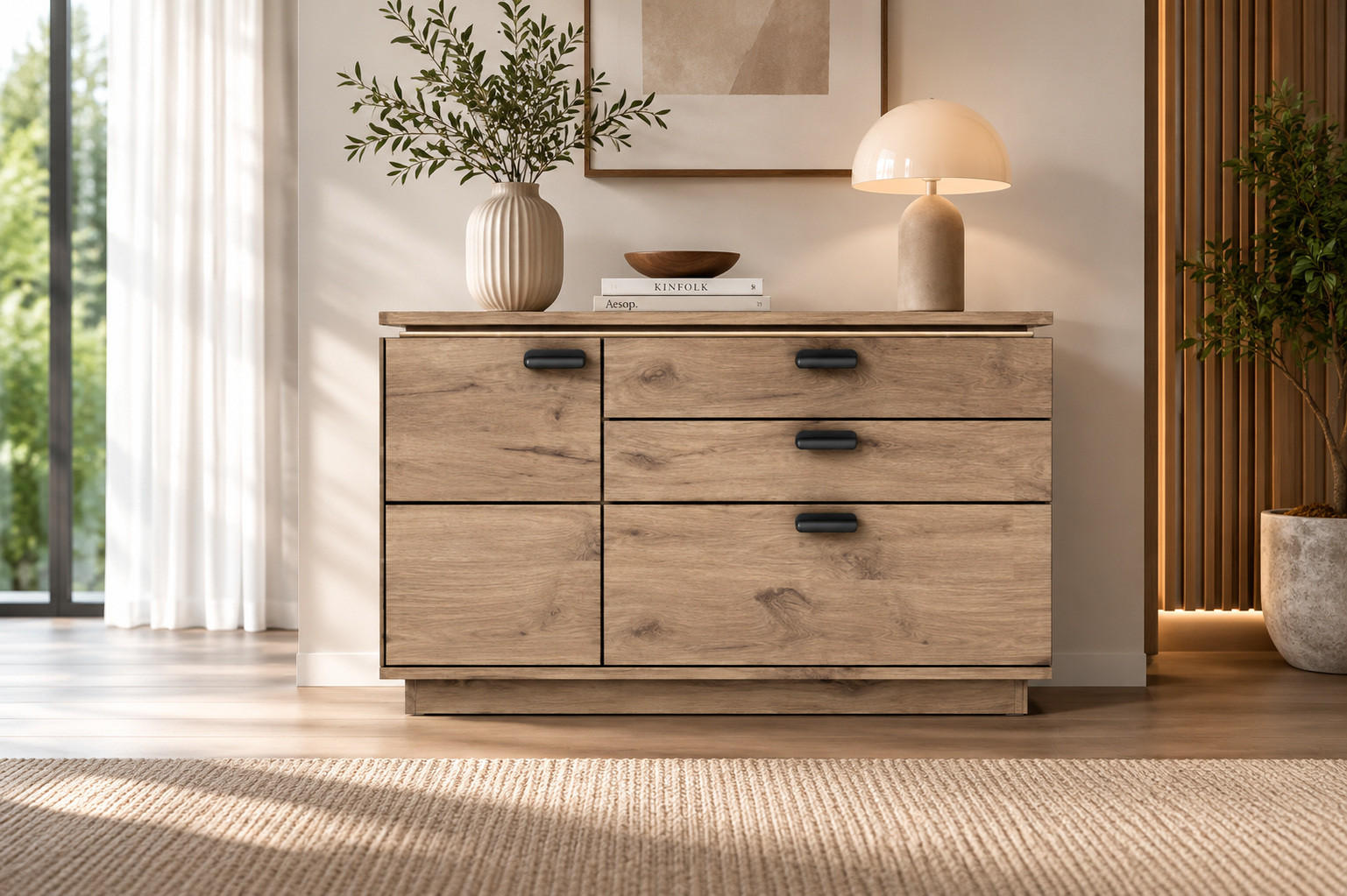 ŠIROKA KOMODA, barve hrasta  - barve hrasta/antracit, Natur, kovina/leseni material (150/81/44cm) - Hom`in