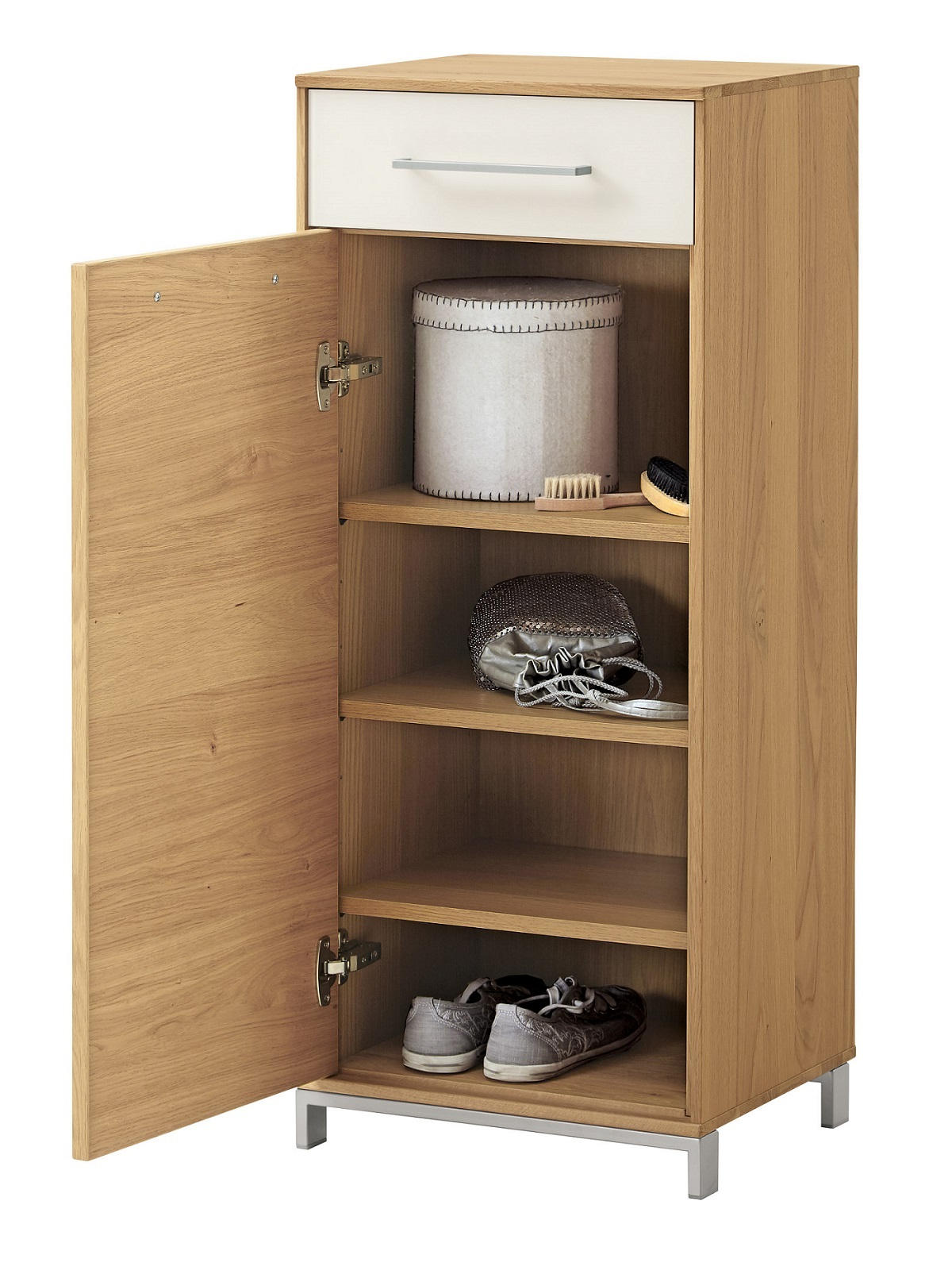 KOMMODE 44/105/37 cm  in Eichefarben  - Weiss/Edelstahlfarben, Design, Glas/Holz (44/105/37cm)