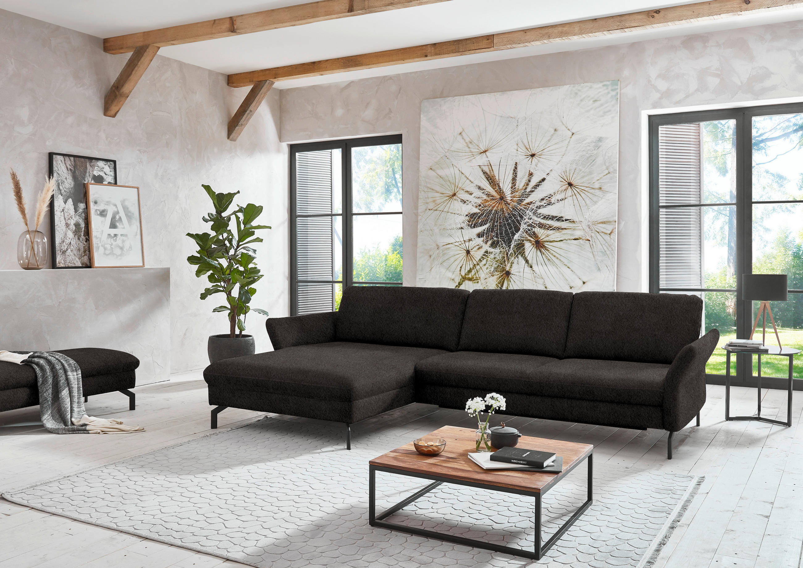 ECKSOFA in Velours Dunkelbraun  - Dunkelbraun/Schwarz, Design, Textil/Metall (179/306cm) - Beldomo System