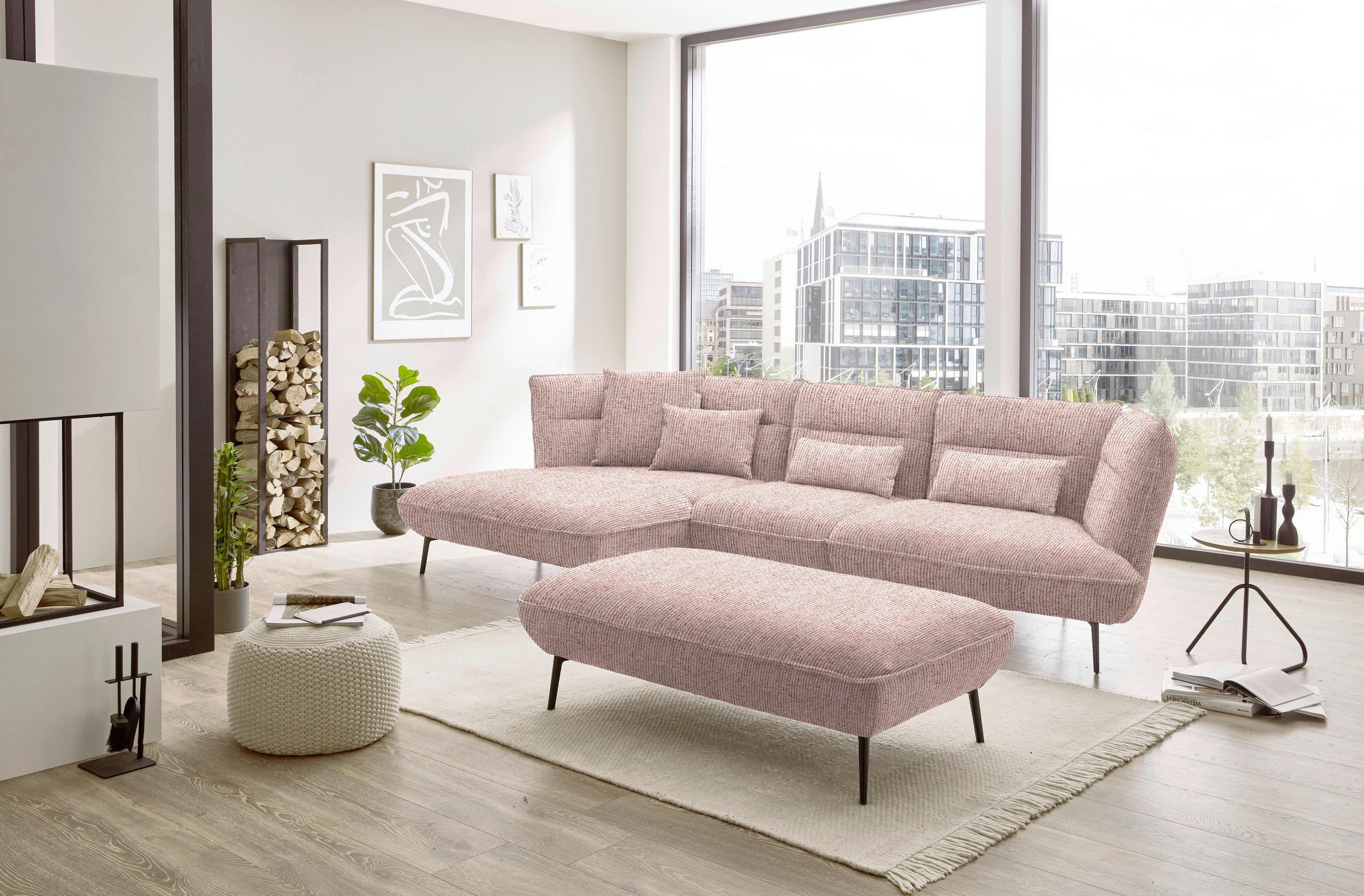 ECKSOFA in Flachgewebe Altrosa  153/339 cm  - Schwarz/Altrosa, Design, Textil/Metall (153/339cm) - Moderano