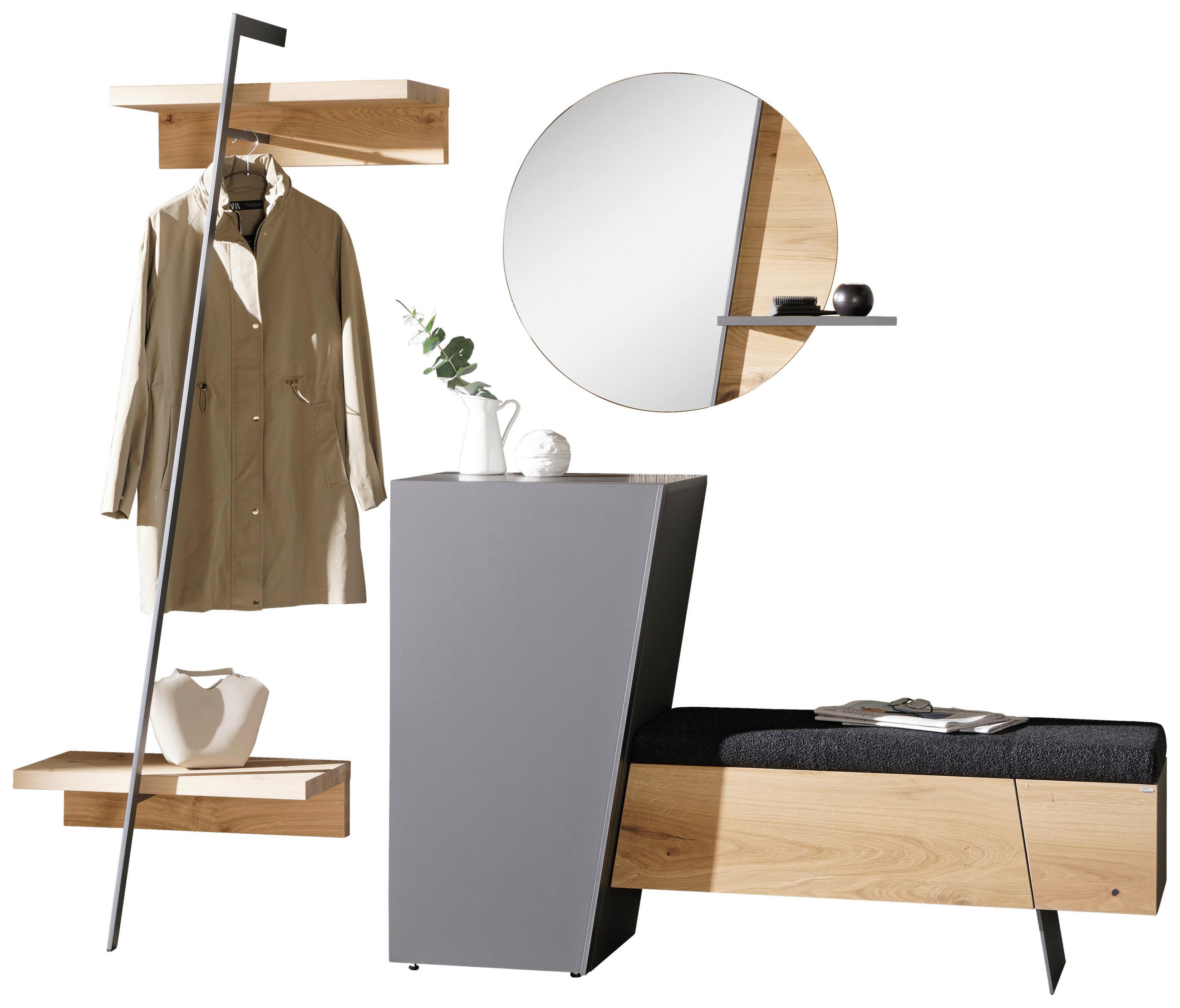 GARDEROBE 4-teilig 227/202/44,2 cm  - Wildeiche/Graphitfarben, Natur, Glas/Holz (227/202/44,2cm) - Voglauer