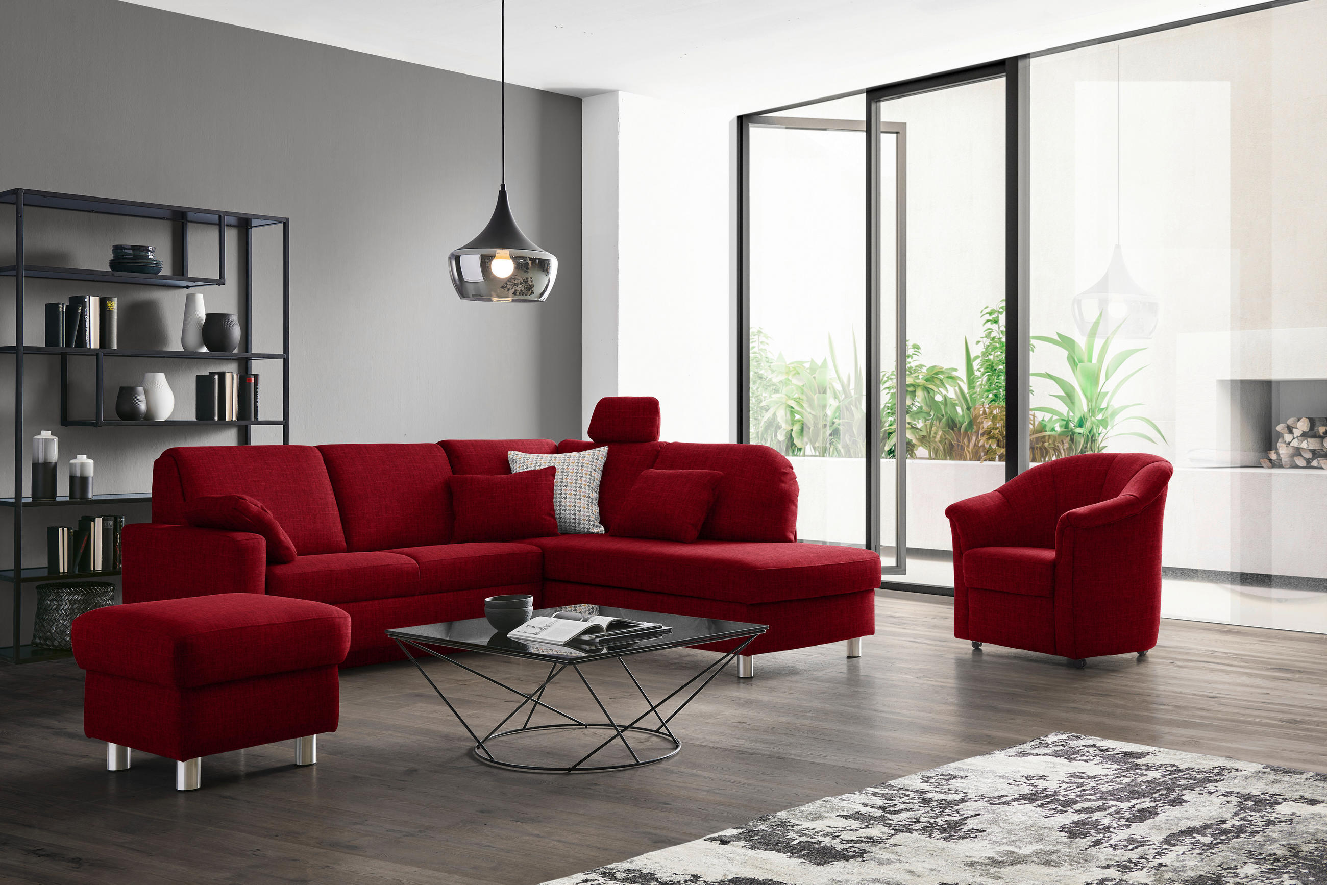 ECKSOFA in Chenille Rot  227/208 cm  - Rot/Alufarben, KONVENTIONELL, Textil/Metall (227/208cm) - Sedda