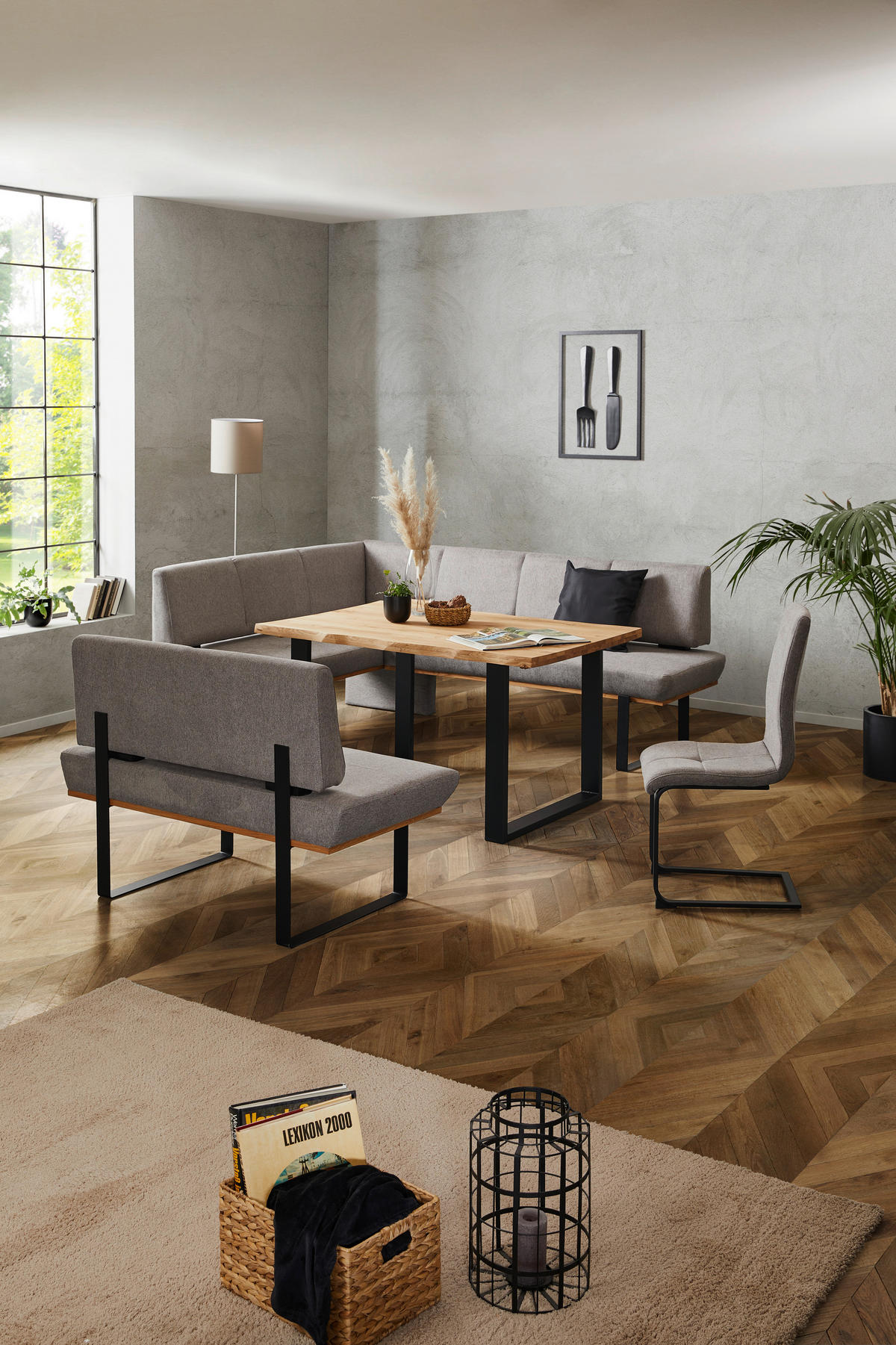 ECKBANK 175/225 cm Webstoff Grau Eiche vollmassiv   - Schwarz/Grau, MODERN, Holz/Textil (175/225cm) - Livetastic