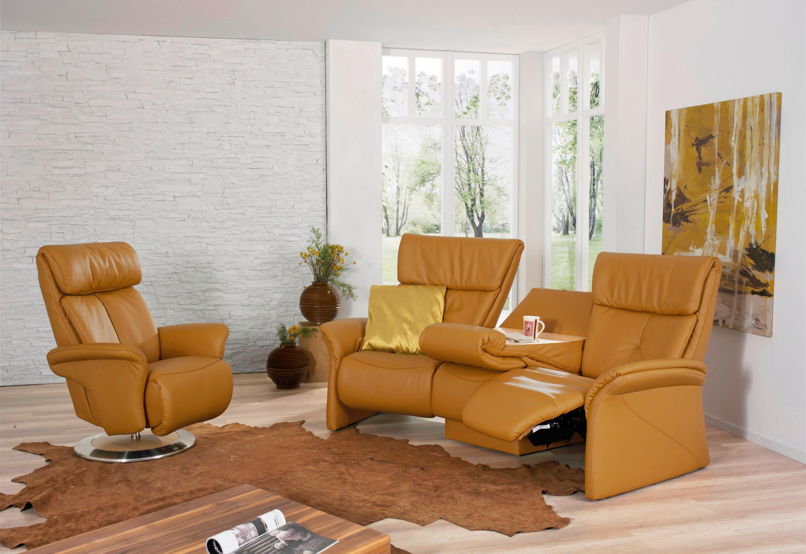 TRAPEZSOFA in Echtleder Gelb  - Gelb/Naturfarben, KONVENTIONELL, Leder/Holz (208/107/103cm) - Himolla Komfortklass