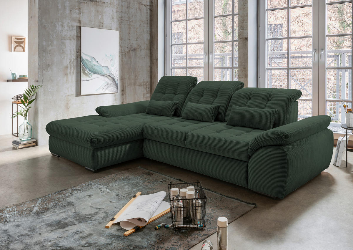 ECKSOFA in Cord Dunkelgrün  - Dunkelgrün/Schwarz, Modern, Textil/Metall (184/314cm) - Livetastic