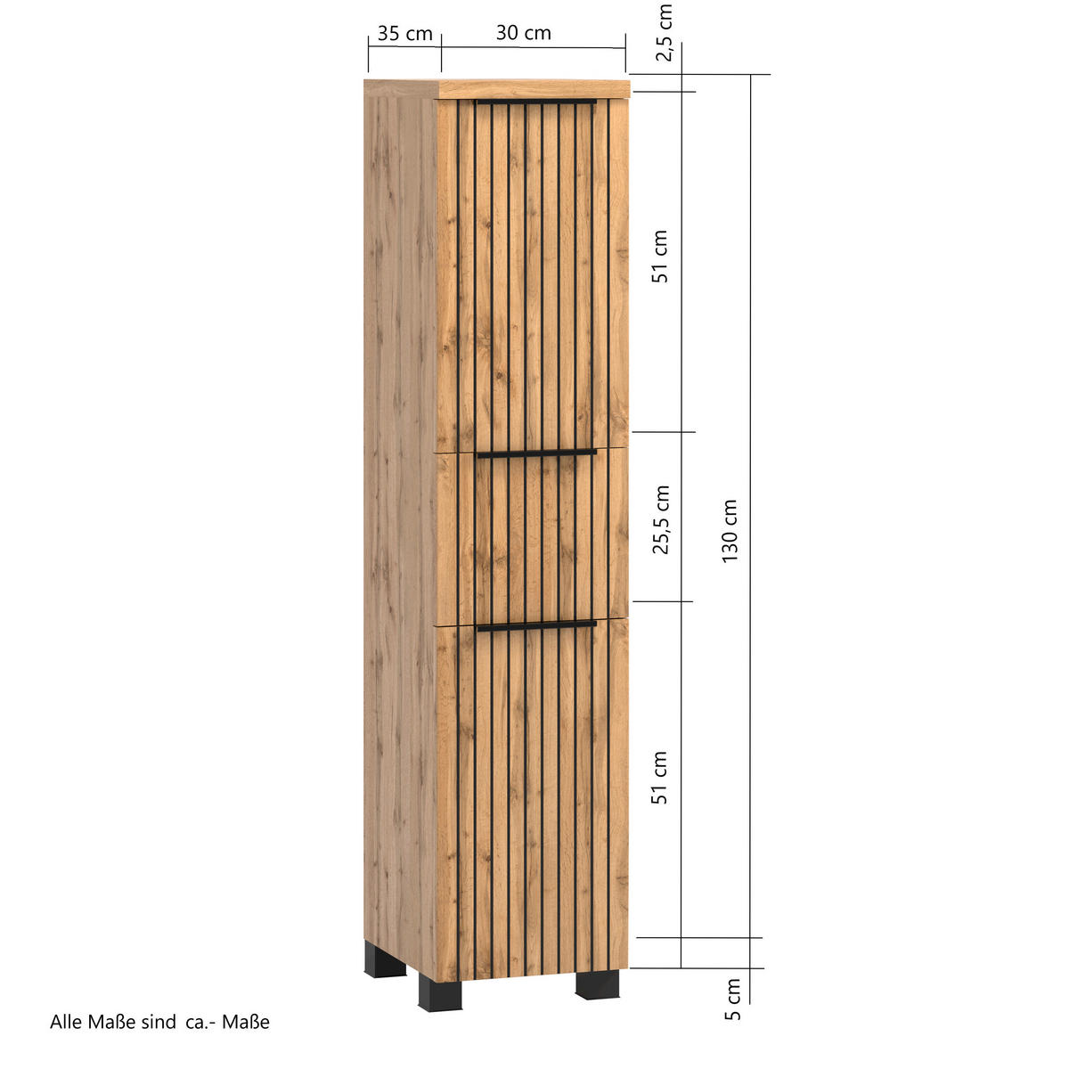 MIDISCHRANK 30/130/35 cm  - Eiche Wotan/Schwarz, Modern, Holzwerkstoff/Kunststoff (30/130/35cm) - Held