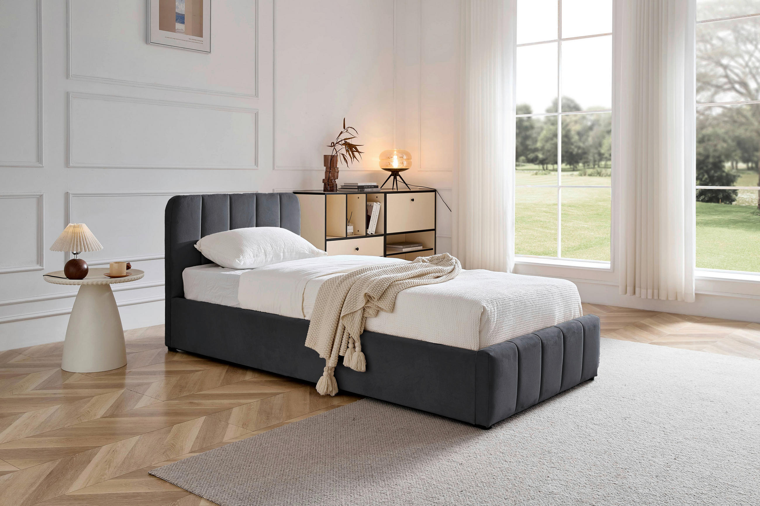 POLSTERBETT 90/200 cm, inkl. gepolstertes Kopfteil, Lattenrost, Bettkasten,  in Grau  - Schwarz/Naturfarben, Design, Holz/Kunststoff (90/200cm) - Boxxx