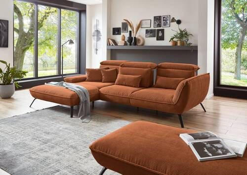 ECKSOFA in Cord Cognac  - Cognac/Schwarz, Design, Textil/Metall (202/301cm) - Moderano