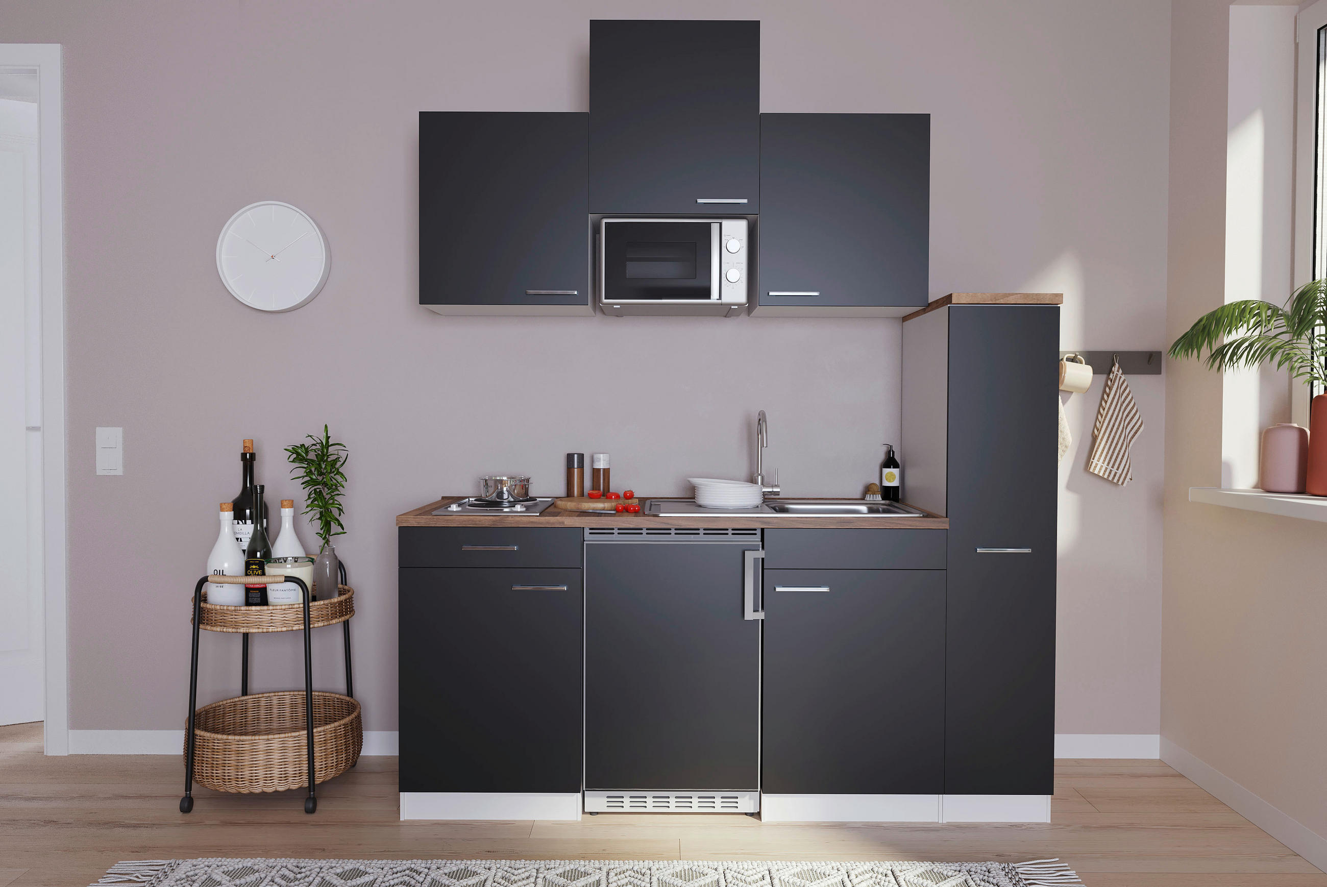 KÜCHENBLOCK 180 cm   in Schwarz  - Nussbaumfarben/Alufarben, Basics, Holzwerkstoff/Kunststoff (180cm) - Respekta