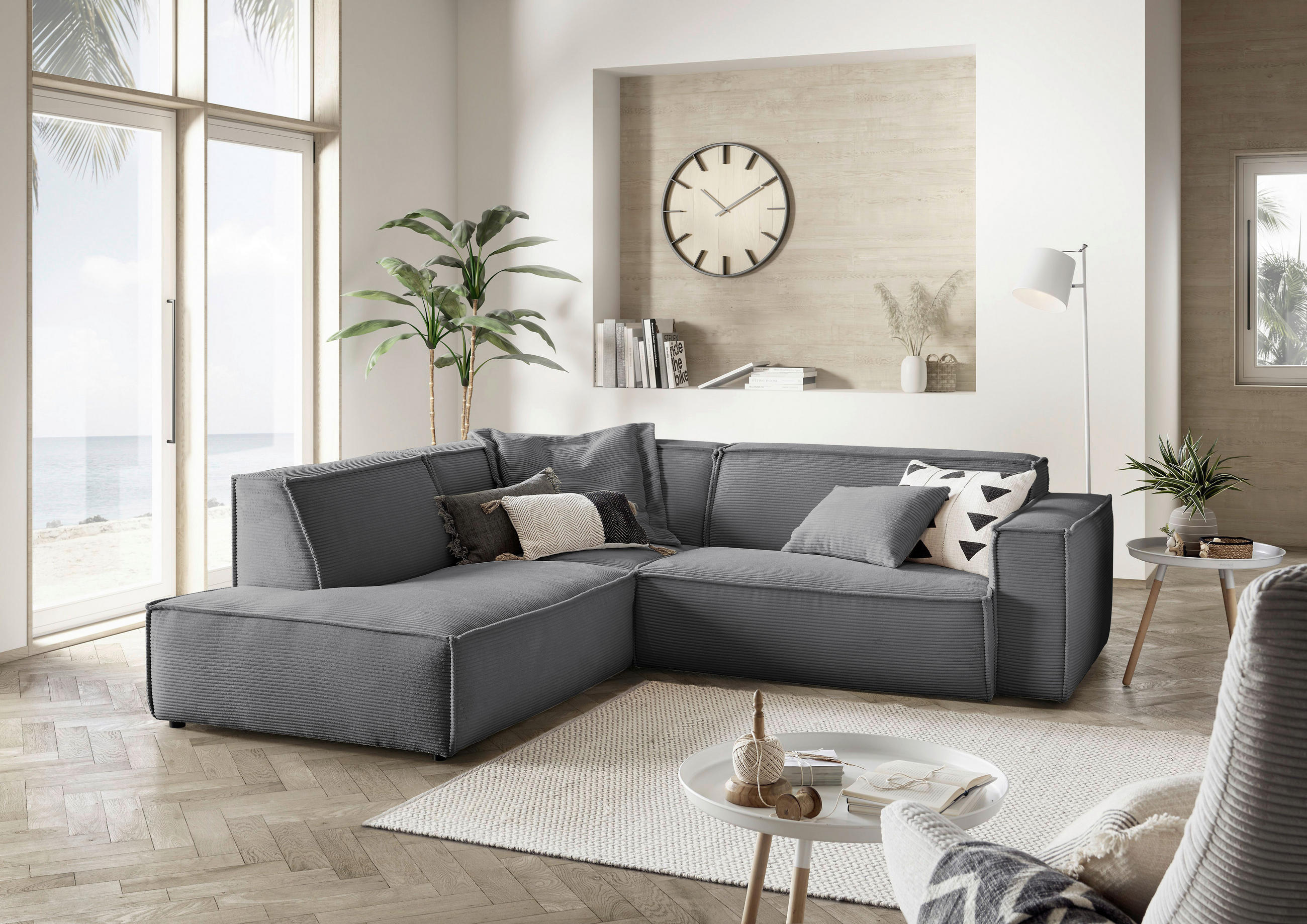 ECKSOFA Dunkelgrau Cord - Dunkelgrau/Schwarz, KONVENTIONELL, Kunststoff/Textil (224/254cm) - Hom`in