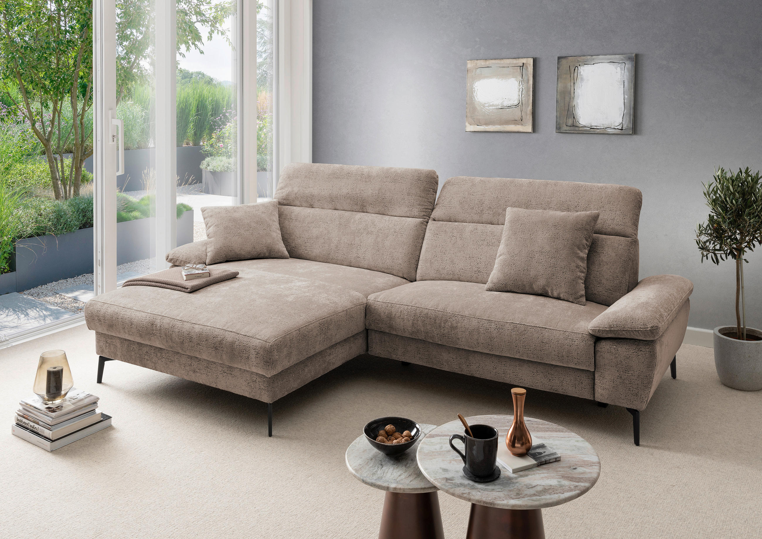 ECKSOFA CANCELLI in Chenille Braun  178/300 cm  - Schwarz/Braun, KONVENTIONELL, Textil/Metall (178/300cm) - Livetastic