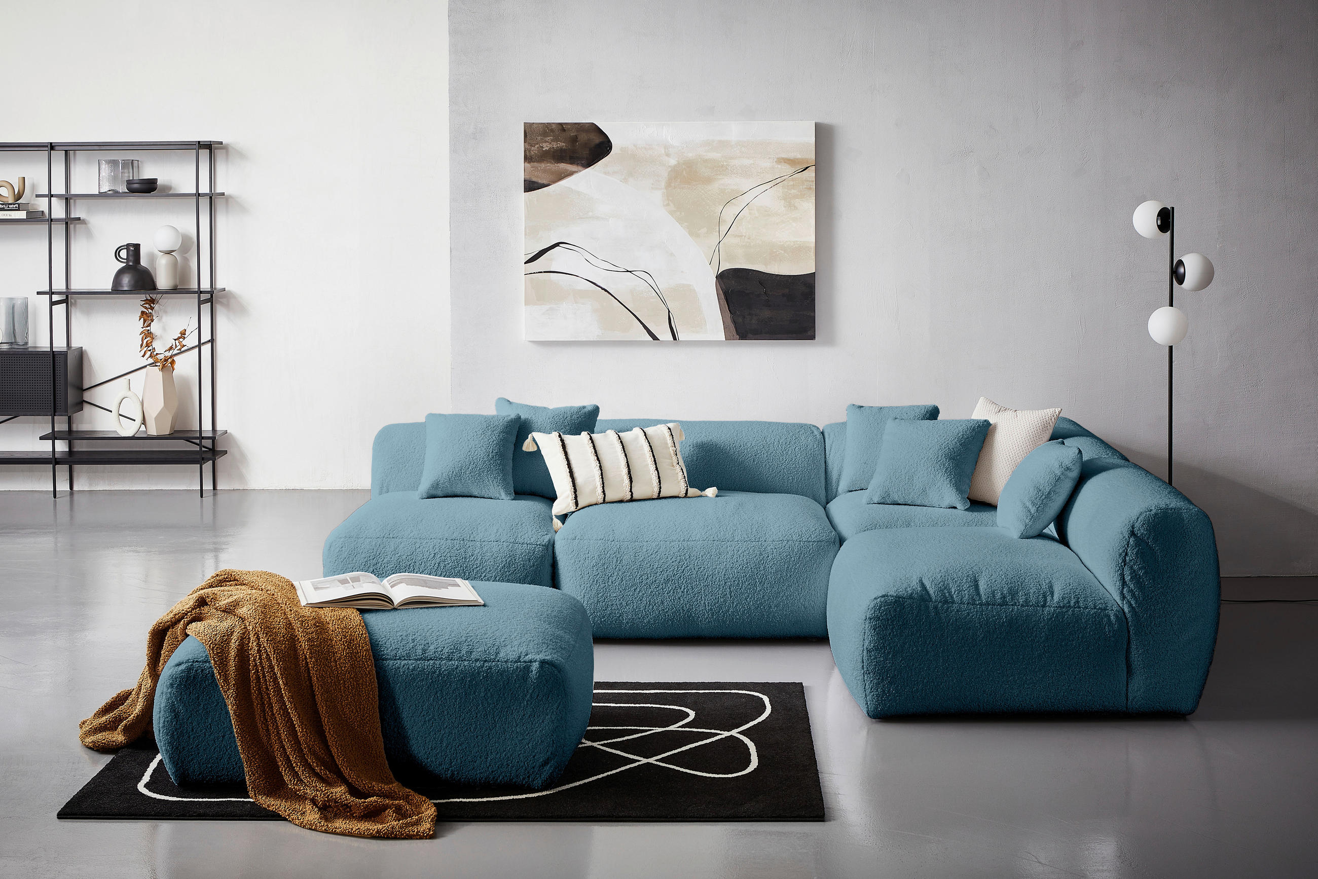 ECKSOFA inkl. Hocker in Flachgewebe, Teddystoff Blau - Blau, Trend, Textil (300/215cm) - Livetastic