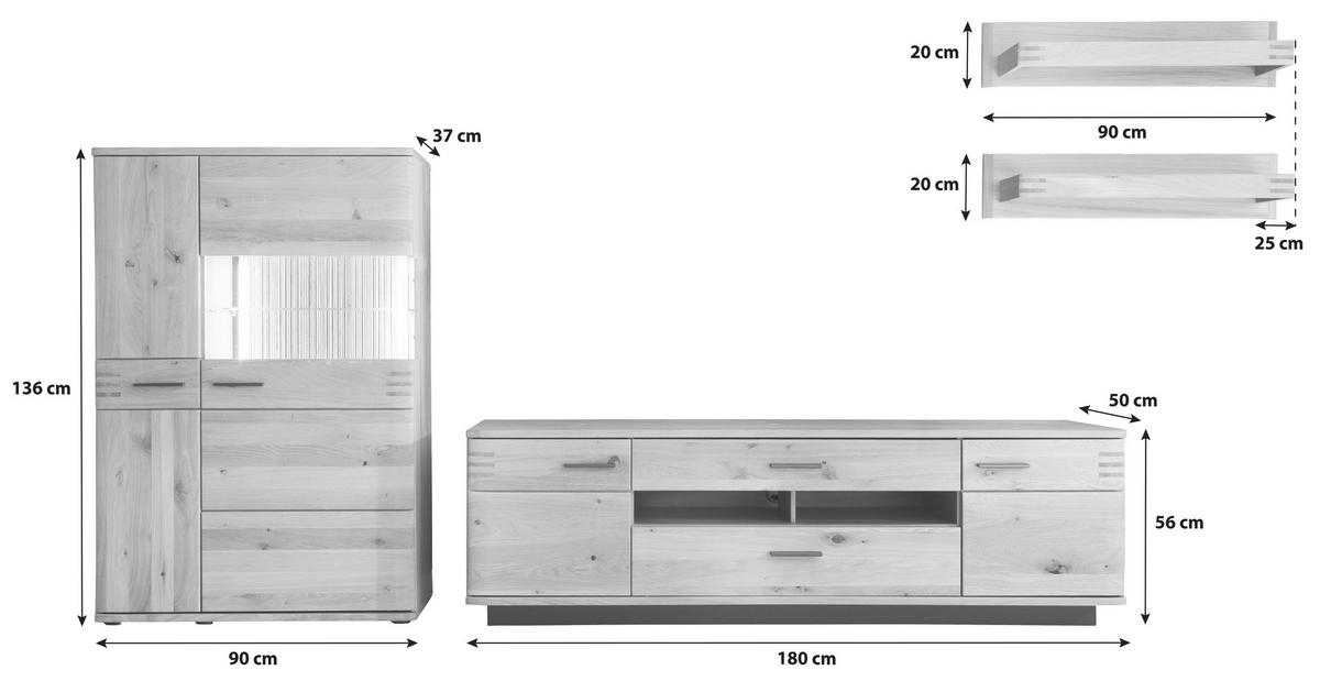 WOHNWAND  in Eichefarben 340/167/50 cm  - Eichefarben/Anthrazit, Design, Glas/Holz (340/167/50cm) - Livetastic
