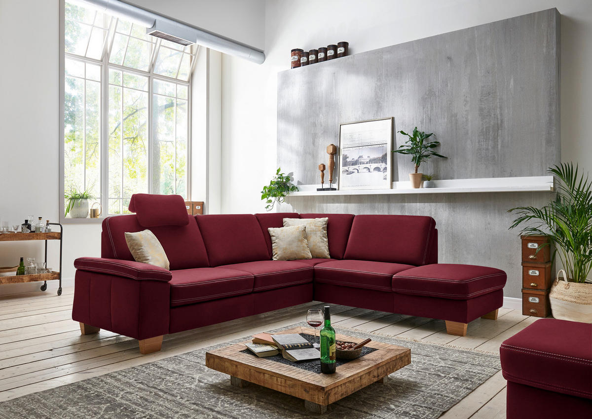 ECKSOFA Echtleder Bordeaux  - Eichefarben/Bordeaux, Konventionell, Leder/Holzwerkstoff (274/235cm) - Beldomo Premium