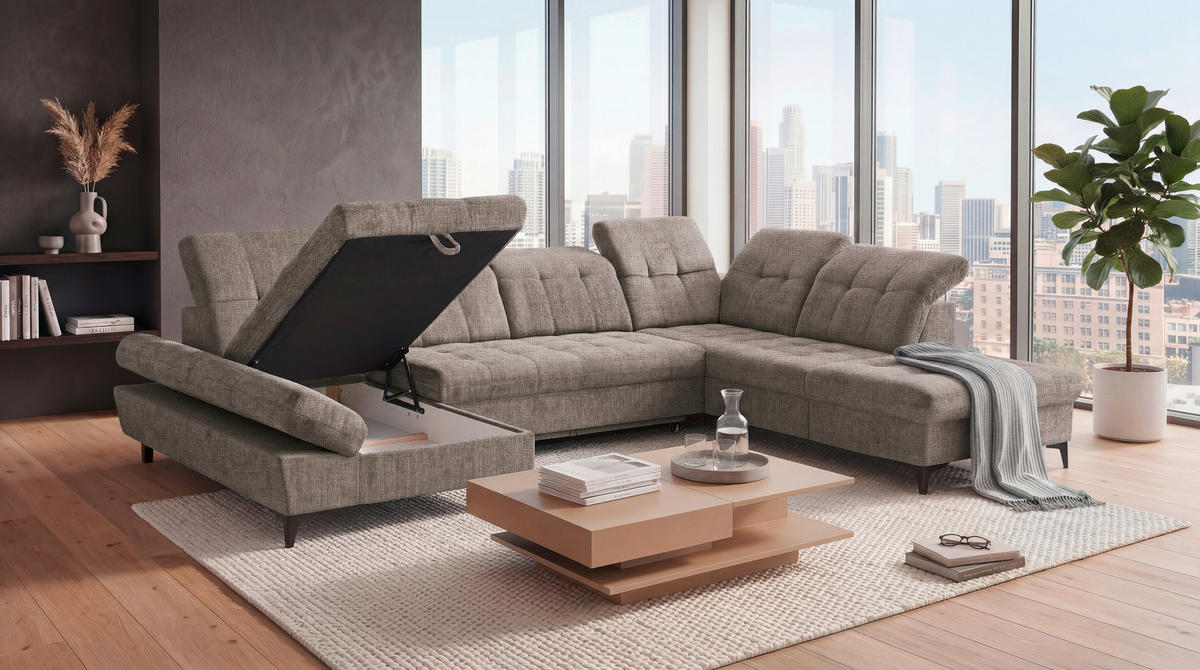 WOHNLANDSCHAFT MERCY Braun Mikrovelours  - Schwarz/Braun, MODERN, Kunststoff/Textil (169/348/245cm) - MID.YOU