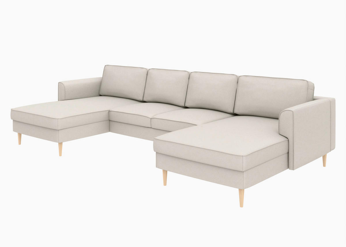 WOHNLANDSCHAFT Sandfarben Struktur  - Sandfarben/Buchefarben, MODERN, Holz/Textil (161/306/161cm) - Trendmanufaktur